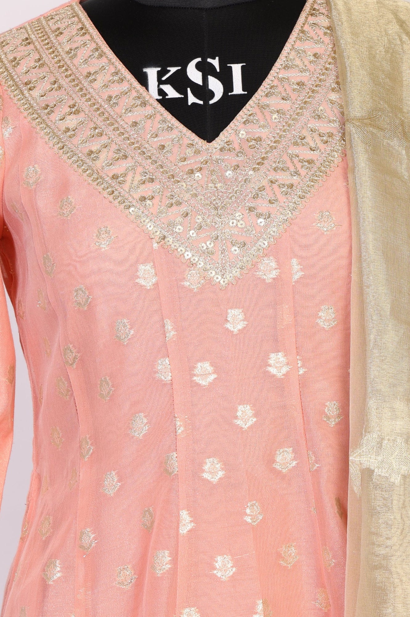 Peach Foil Printed Jacquard Anarkali Kurta with Palazzo and Dupatta Set - Image 7