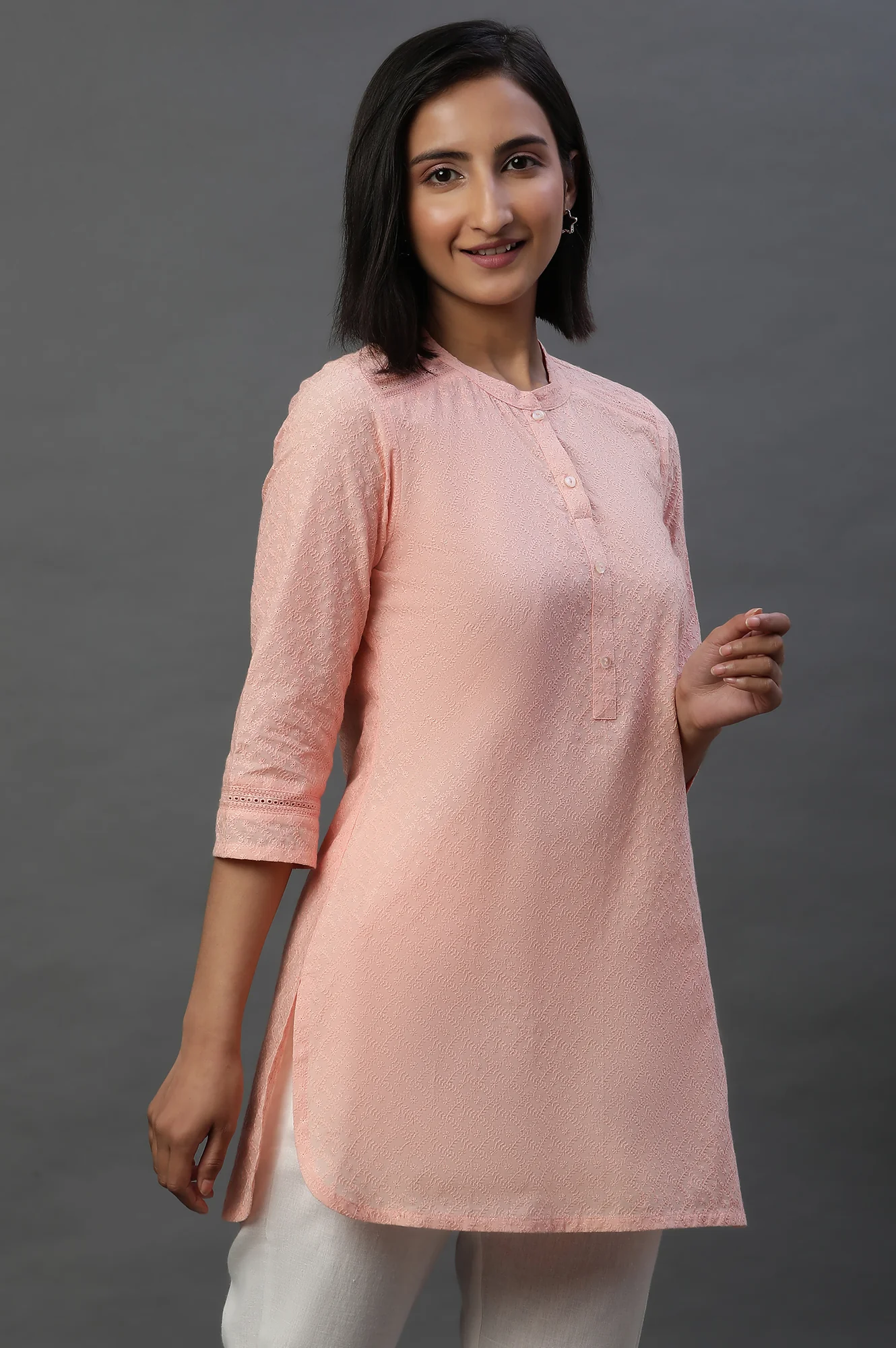 Peach Lace Inserted Short Schiffli Kurti - Image 4