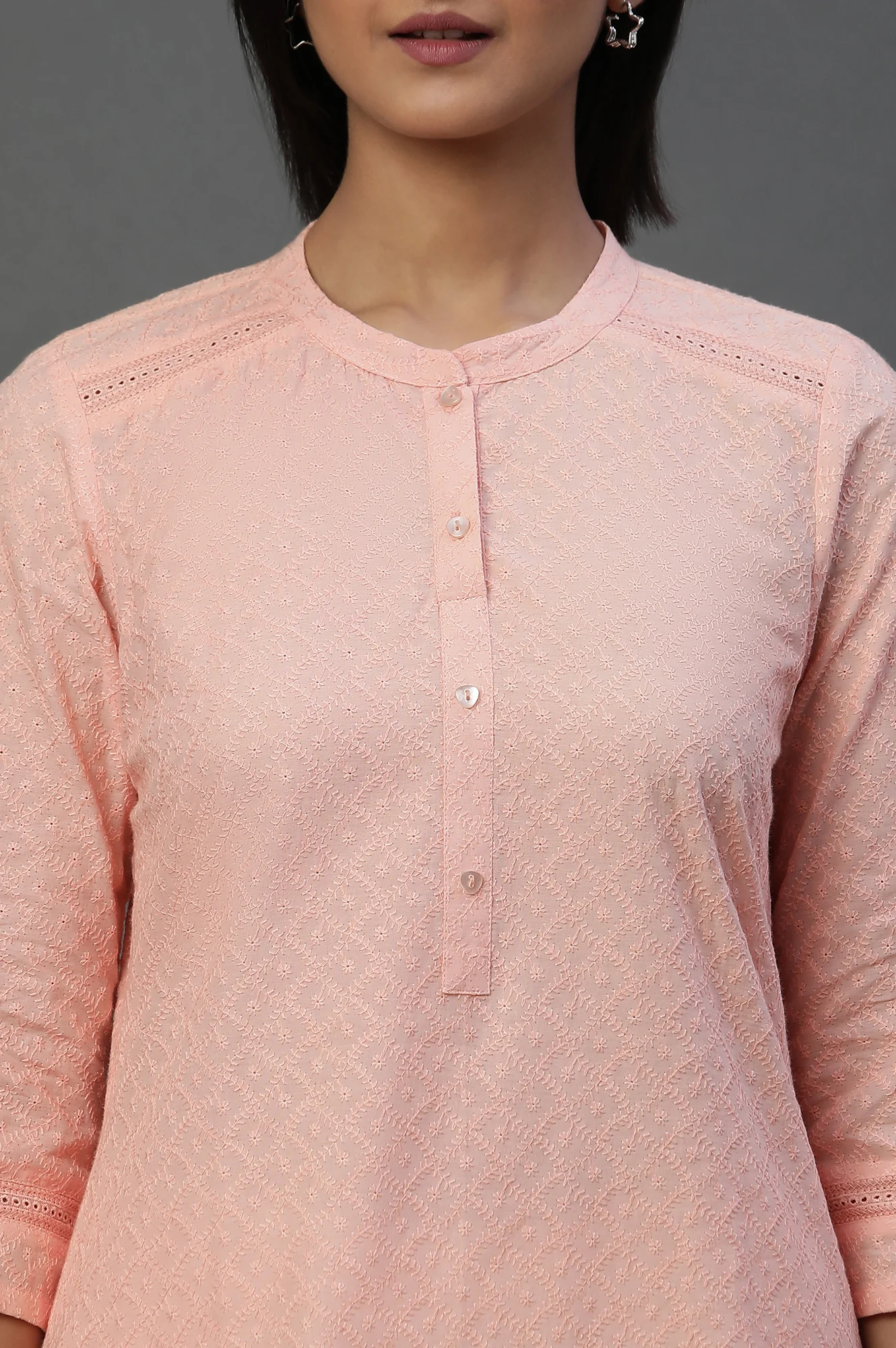 Peach Lace Inserted Short Schiffli Kurti - Image 6