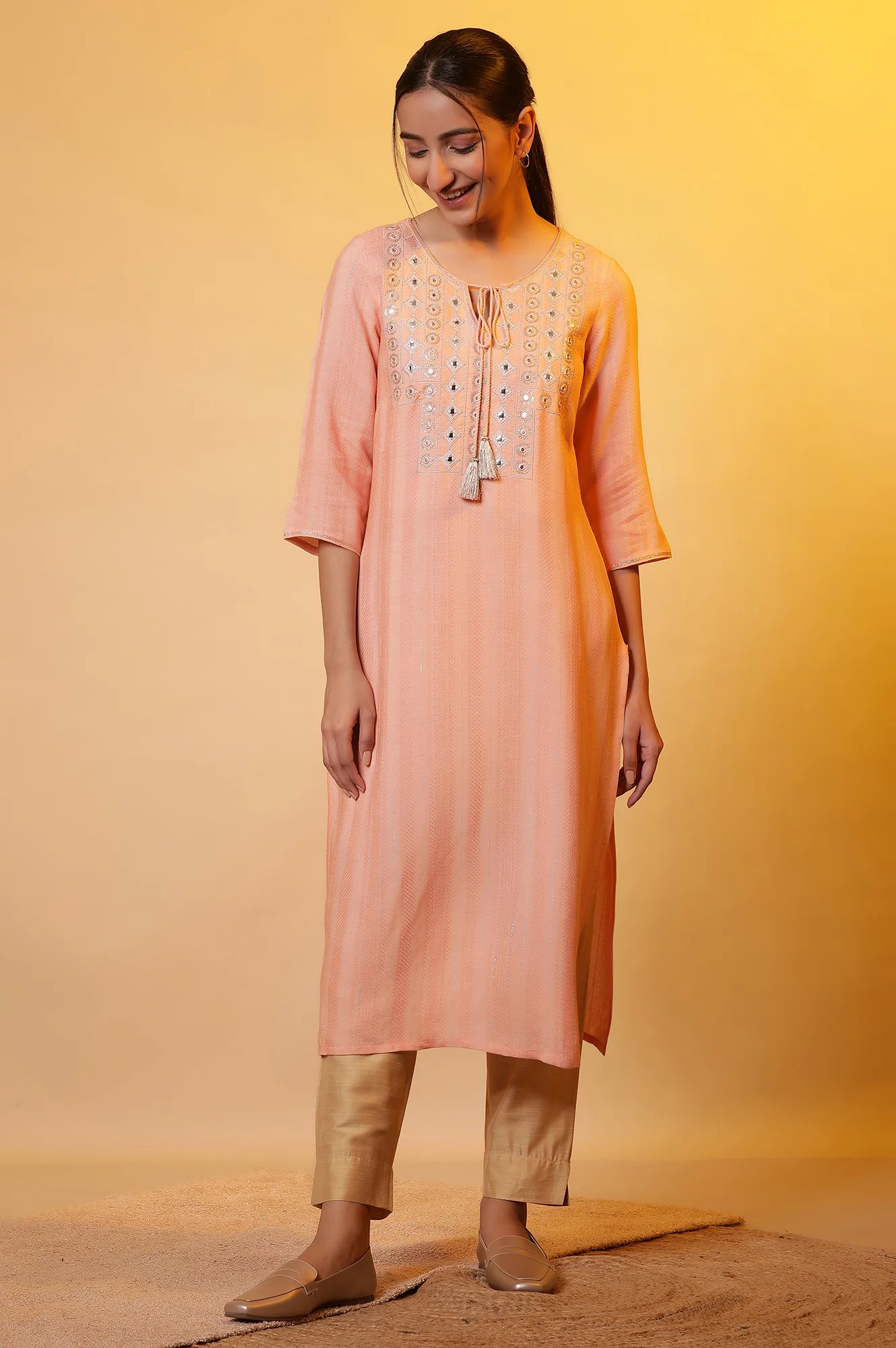 Peach Mirror Work Festive Kurta - Image 2