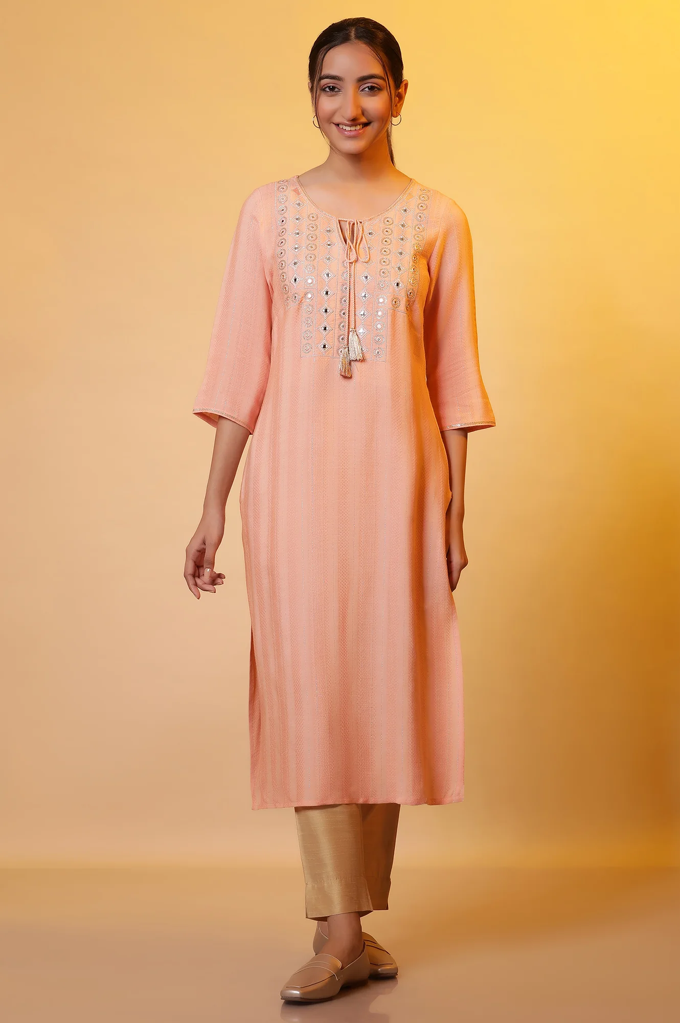 Peach Mirror Work Festive Kurta - Image 3
