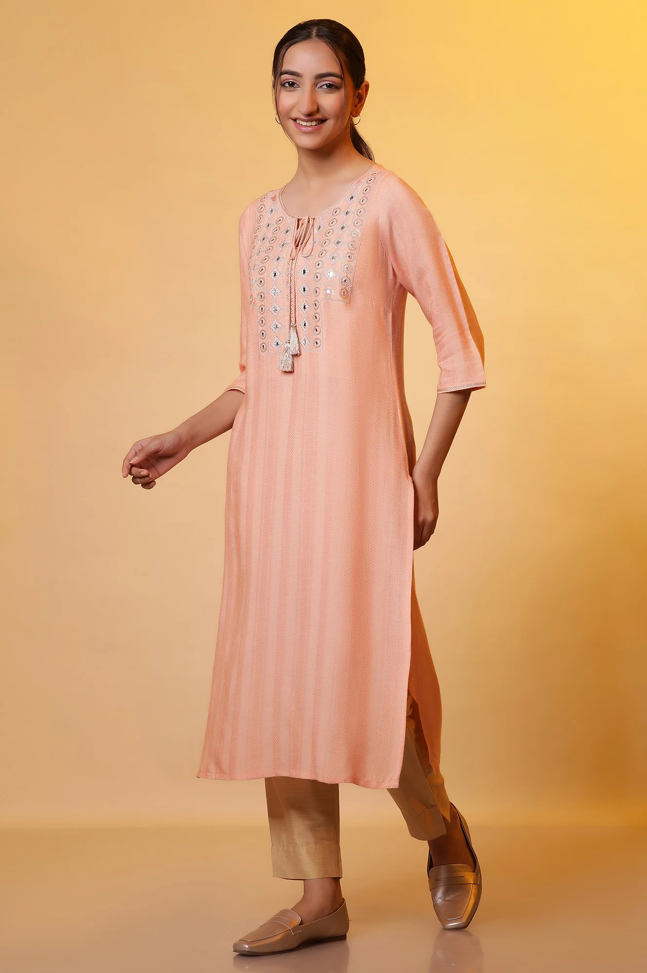 Peach Mirror Work Festive Kurta - Image 4
