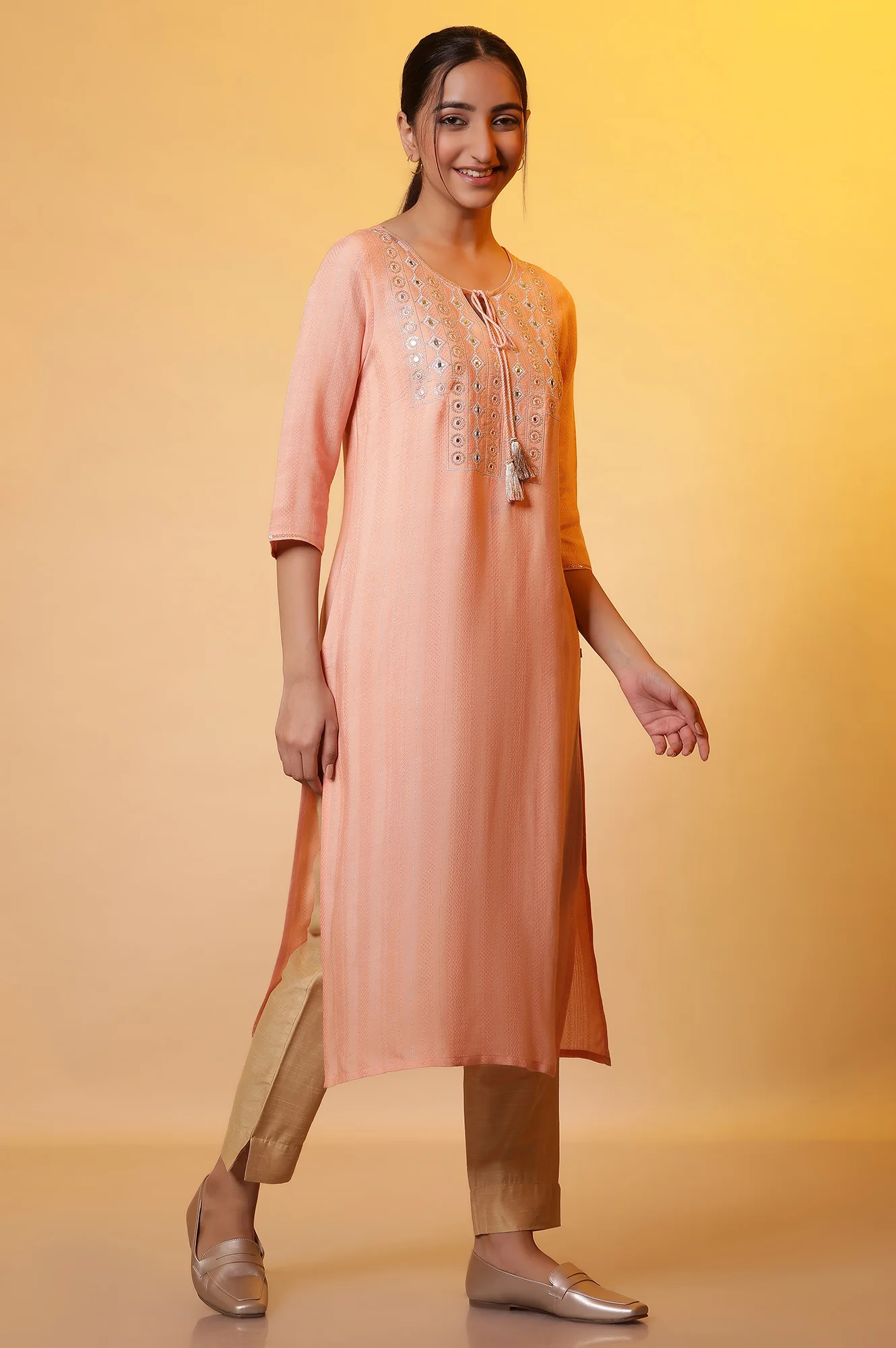 Peach Mirror Work Festive Kurta - Image 6