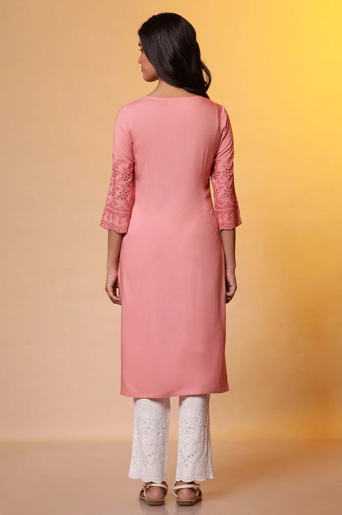 Peach Pink Embroidered Yoke Kurta - Image 3