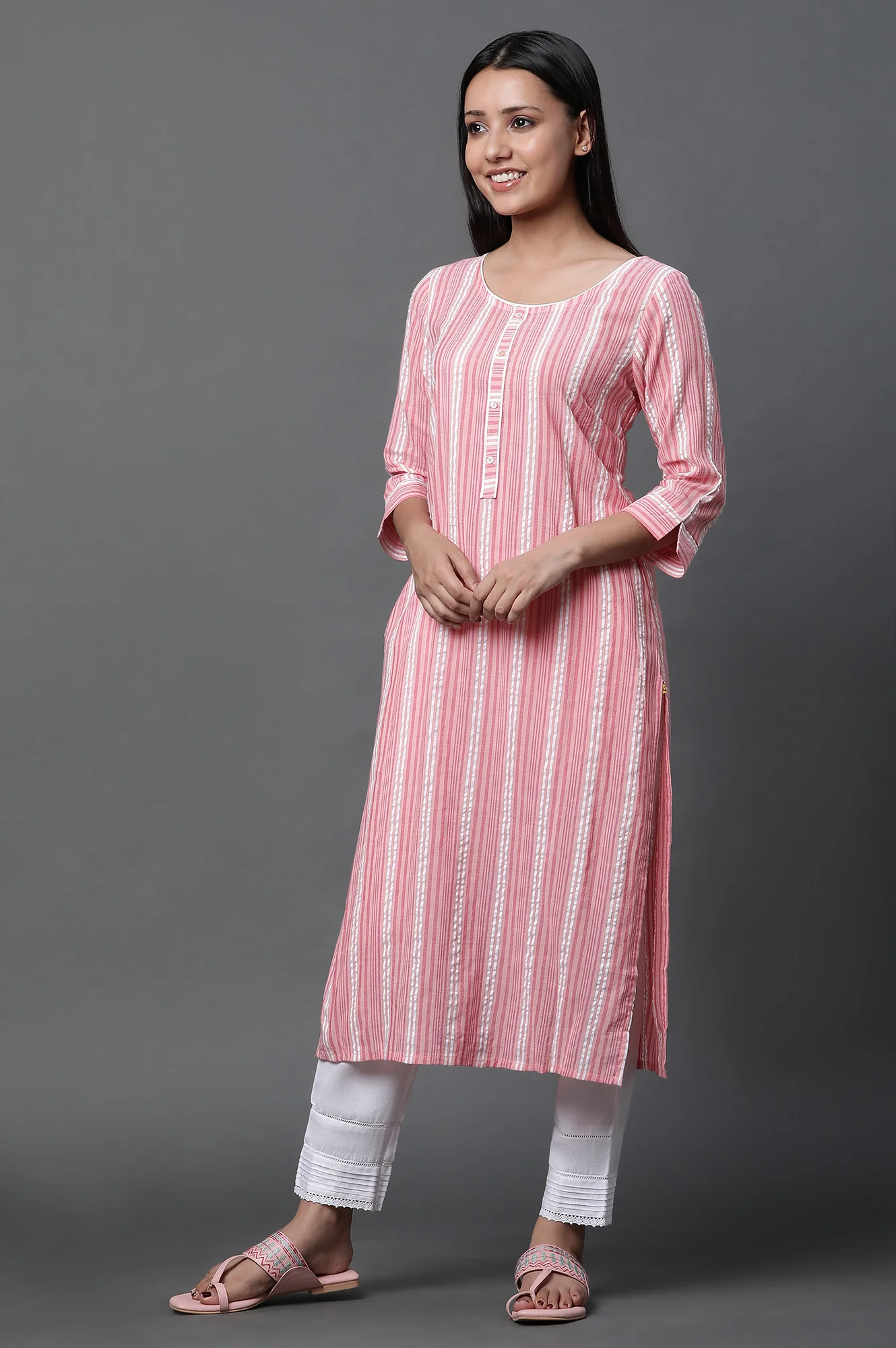 Peach Textured Cotton Kurta, Trousers and Dupatta Set - Image 5