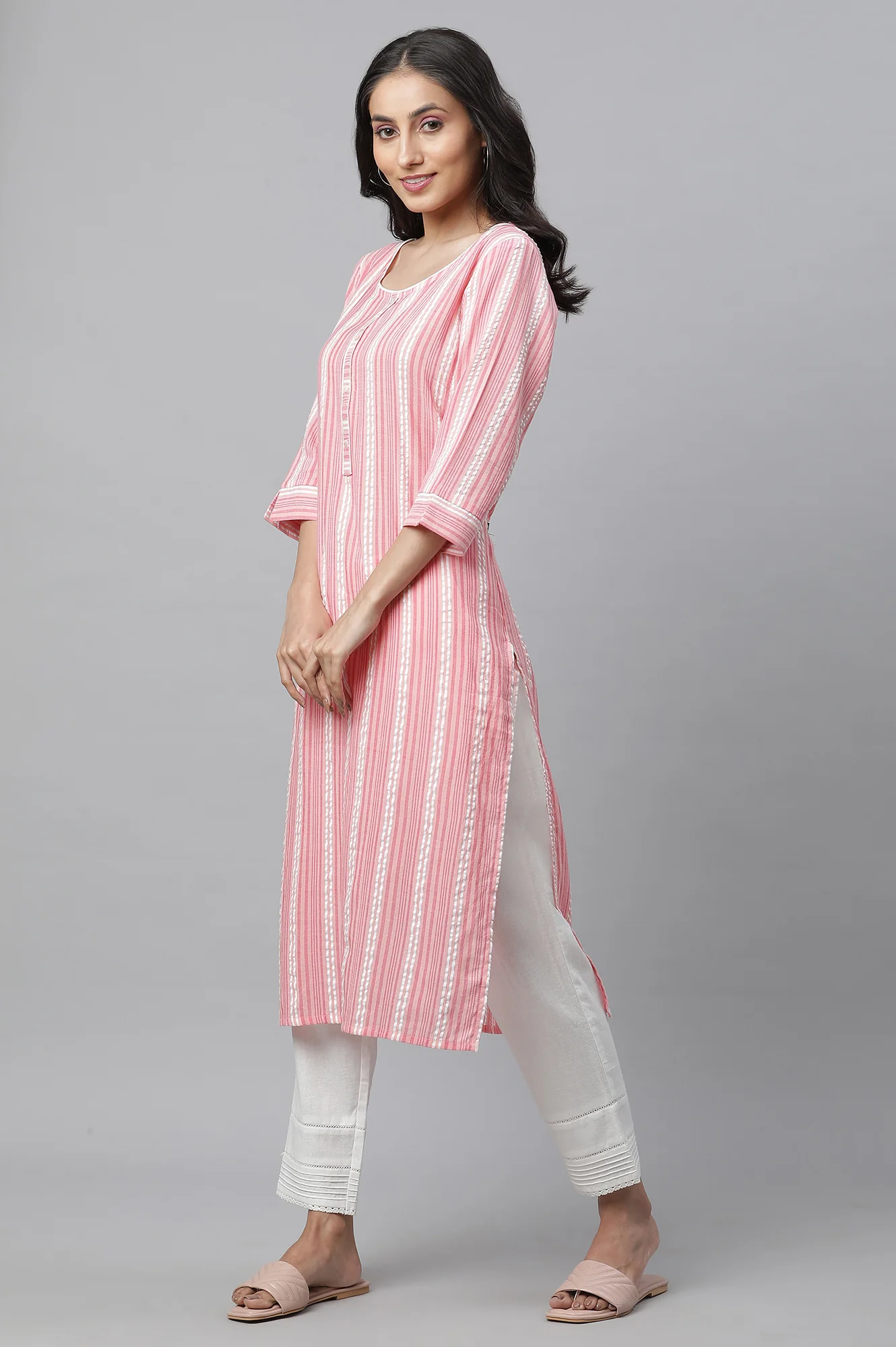 Peach Textured Cotton Stripe Print Kurta - Image 3