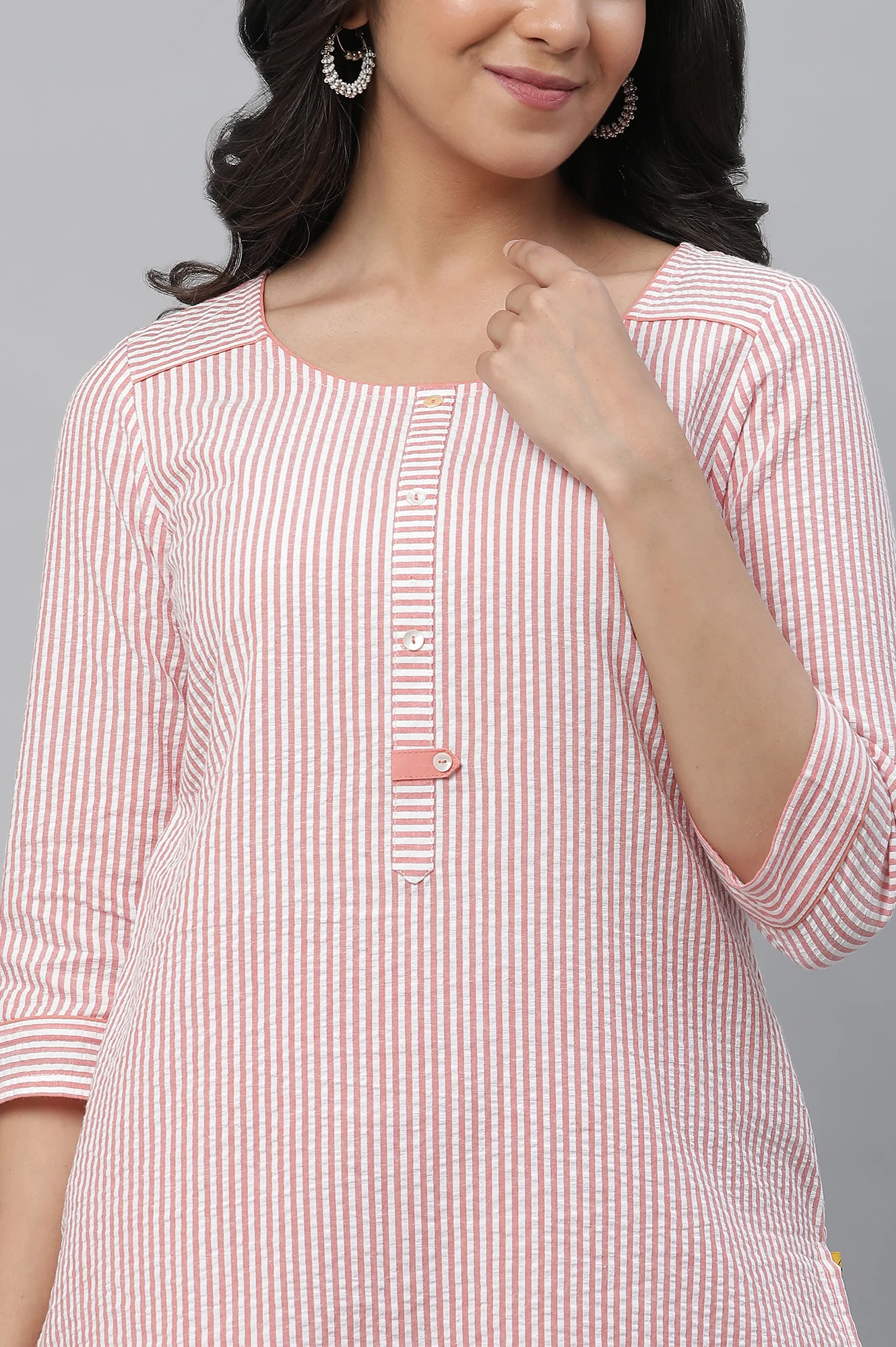 Peach Stripe Textured Cotton Kurta and Trouser Set - Image 7