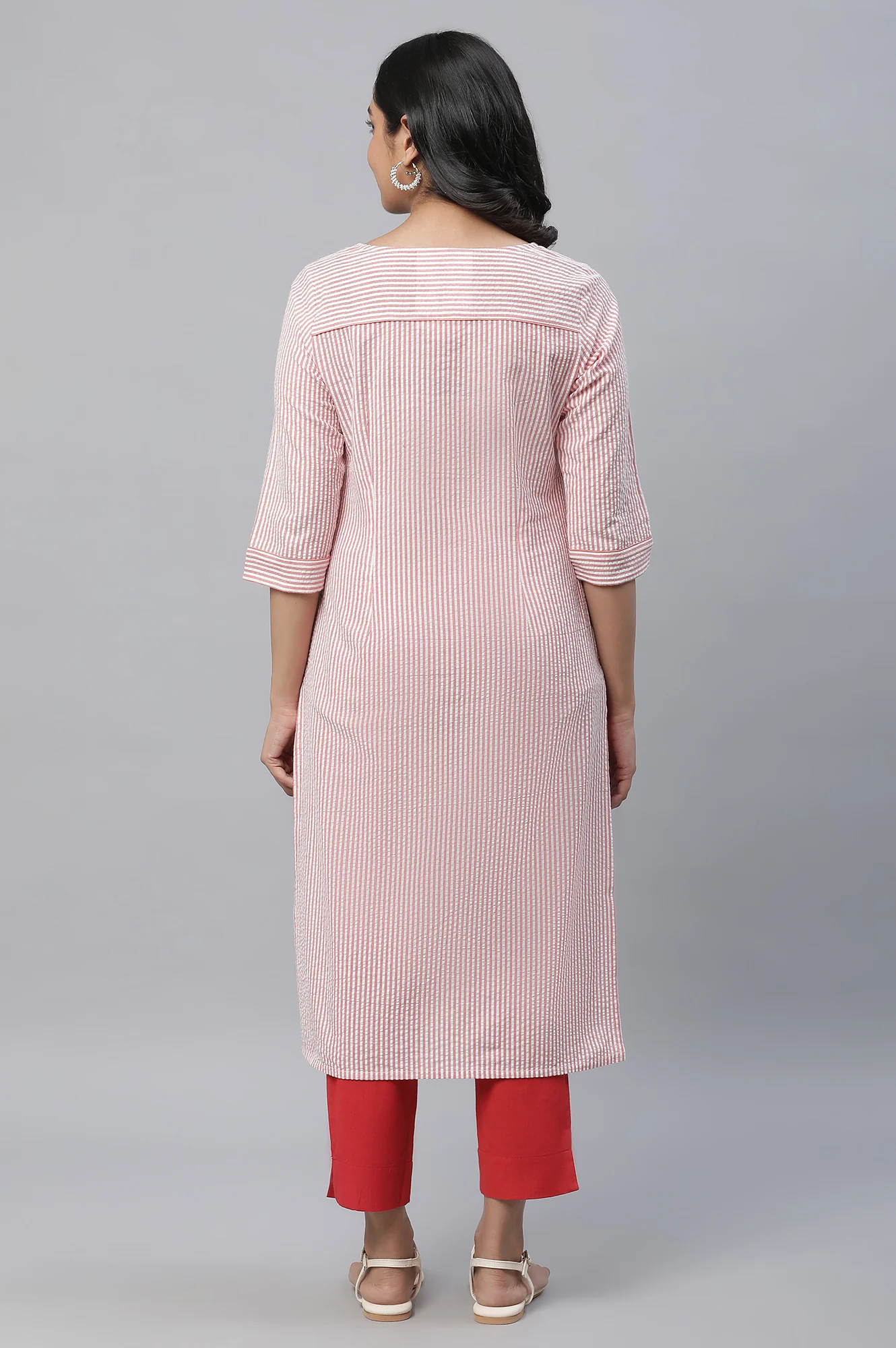 Peach Striped Straight Cotton Kurta - Image 3
