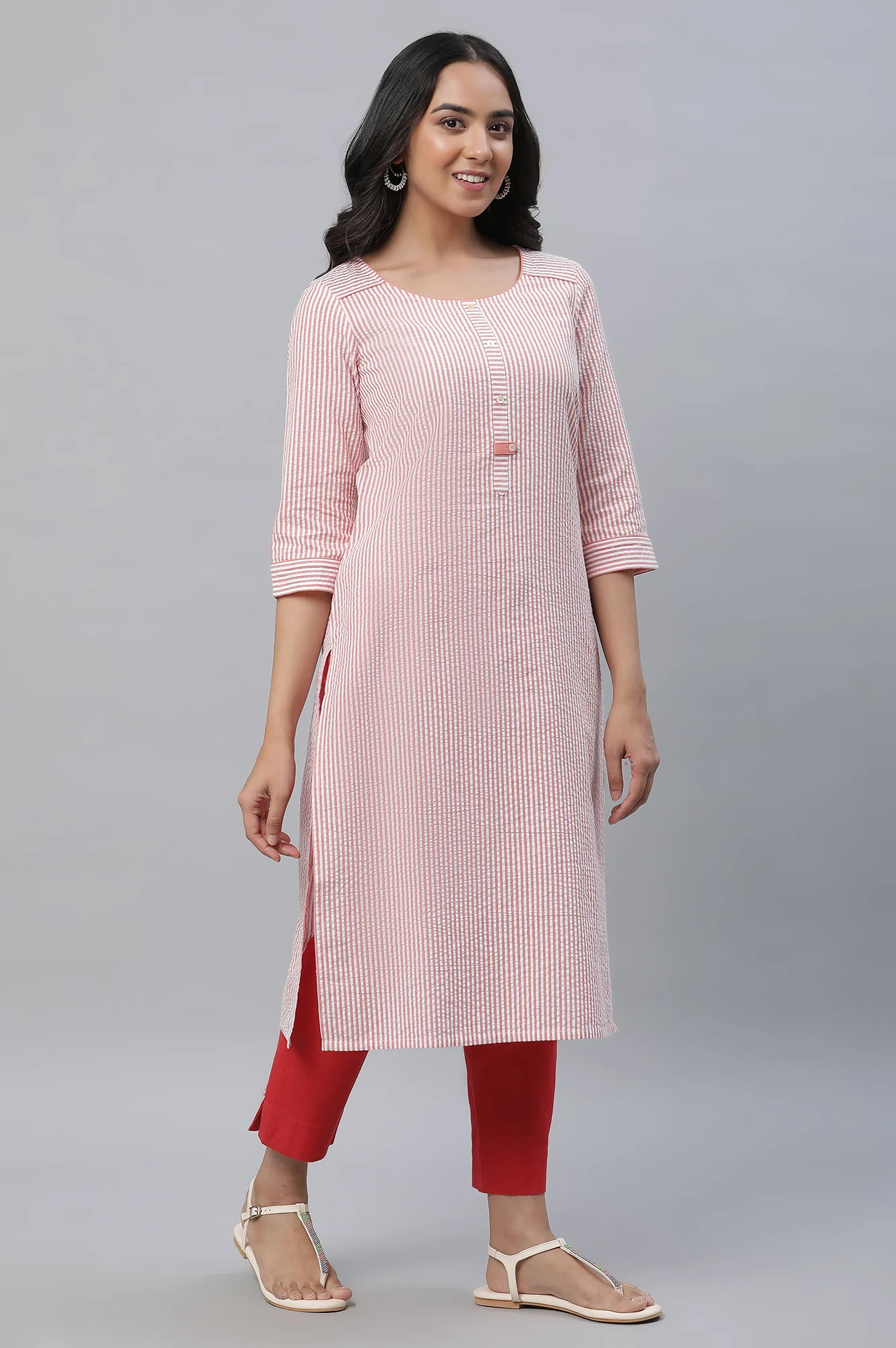 Peach Striped Straight Cotton Kurta - Image 5