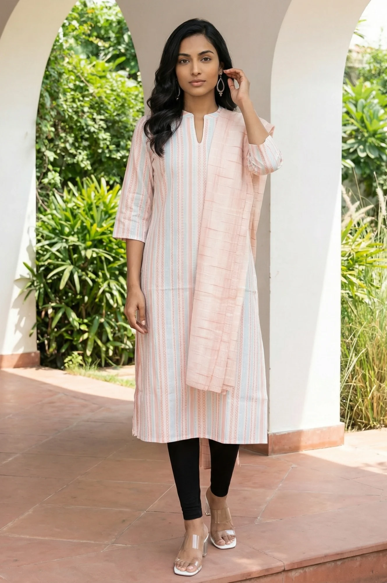 Peach Yarn Dyed Striped Pure Cotton Dupatta - Image 4