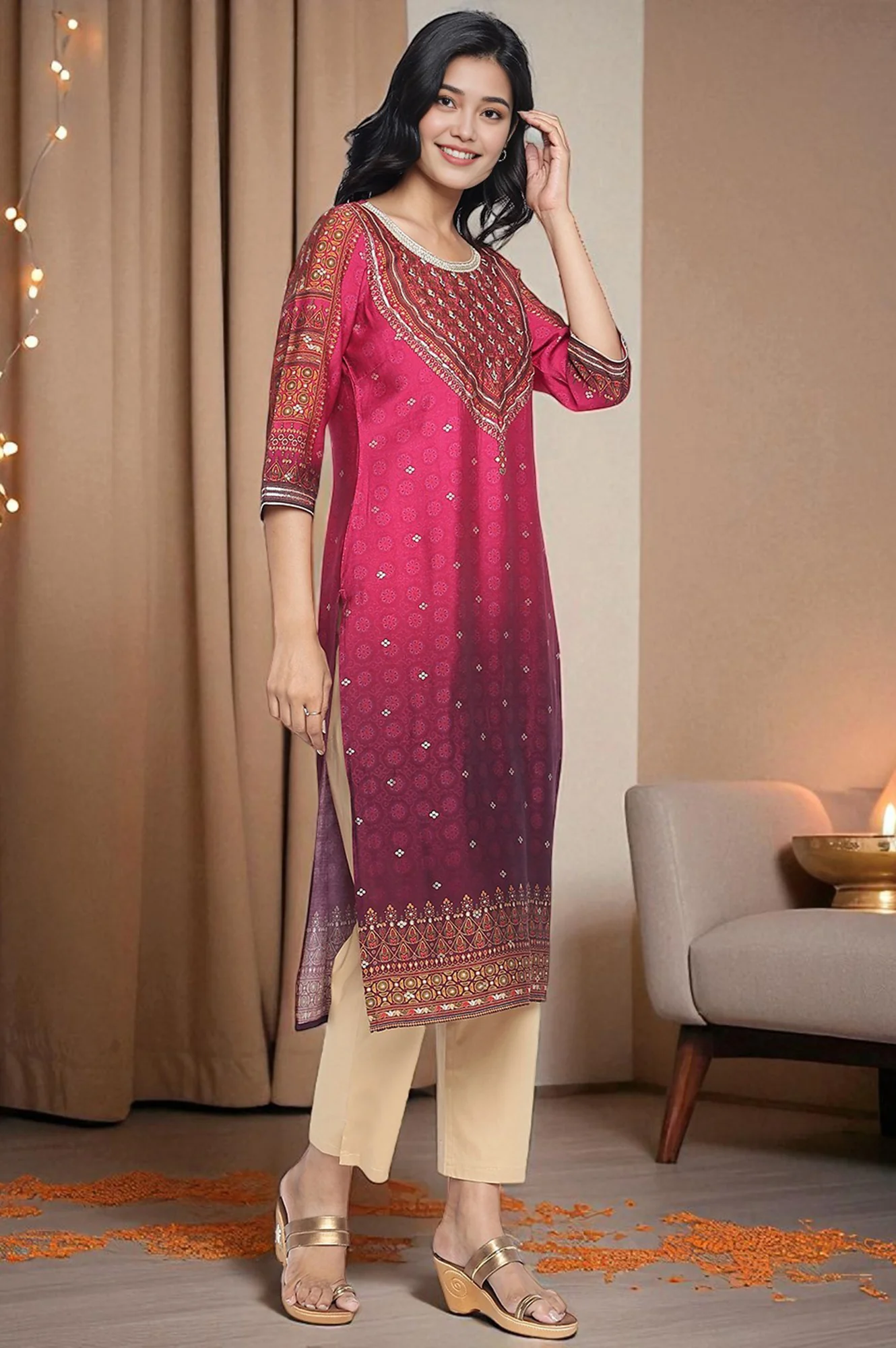 Pink Abstract Printed Bead Embellished Straight Kurta - Image 5
