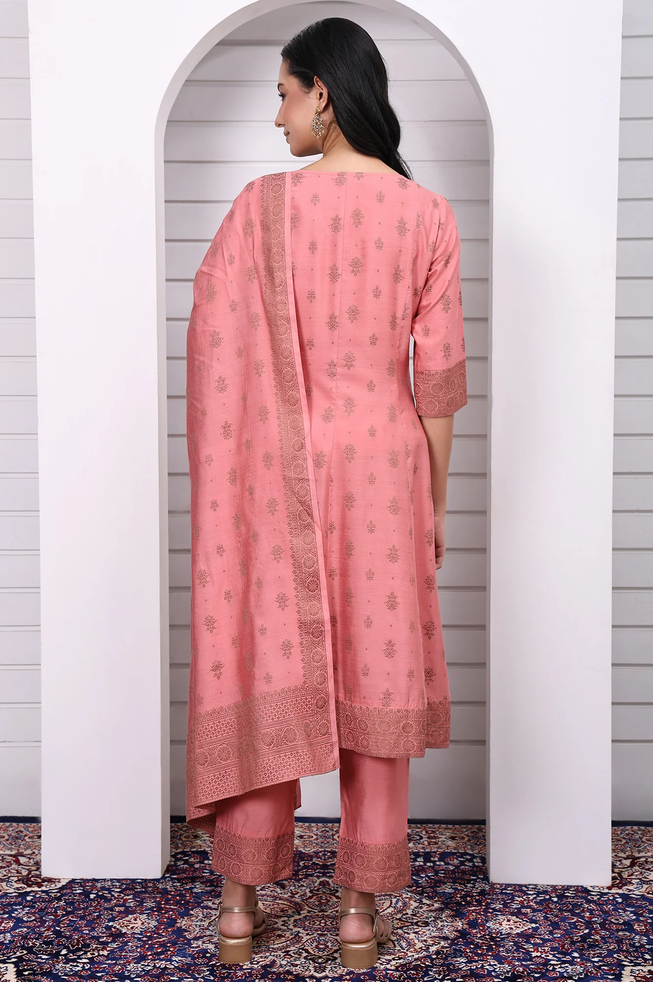 Pink Abstract Printed Beads Jacquard Anarkali Kurta, Palazzo and Dupatta Set - Image 4