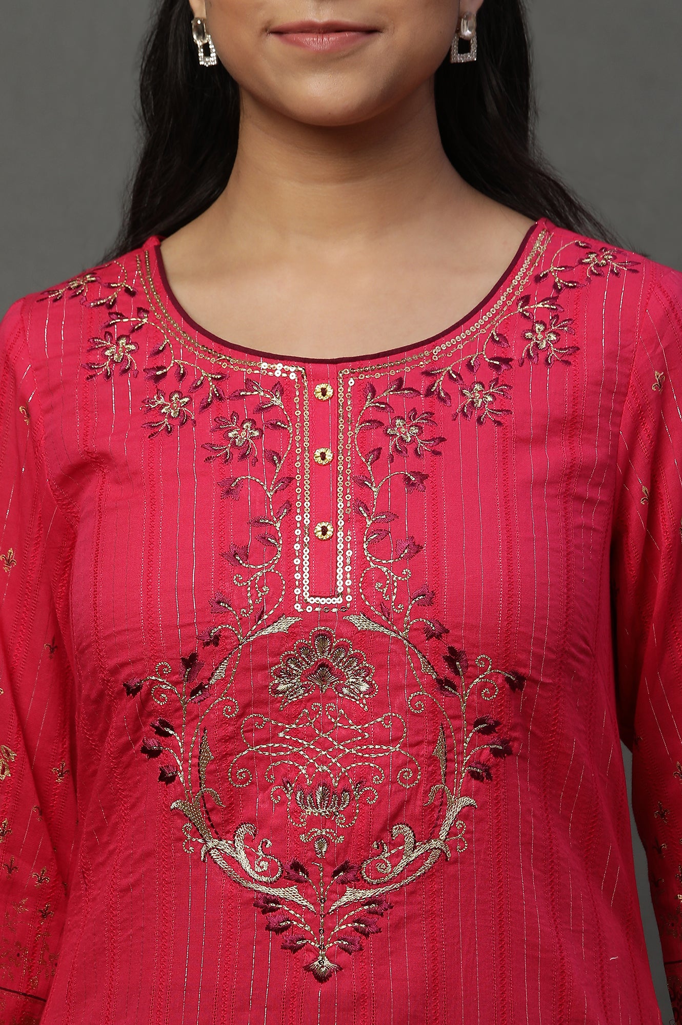 Pink and Wine Foil Printed Festive Kurta - Image 6