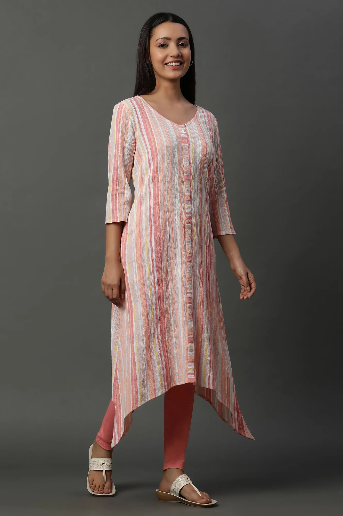 Pink Asymetrical Stripe Printed Cotton Kurta - Image 5
