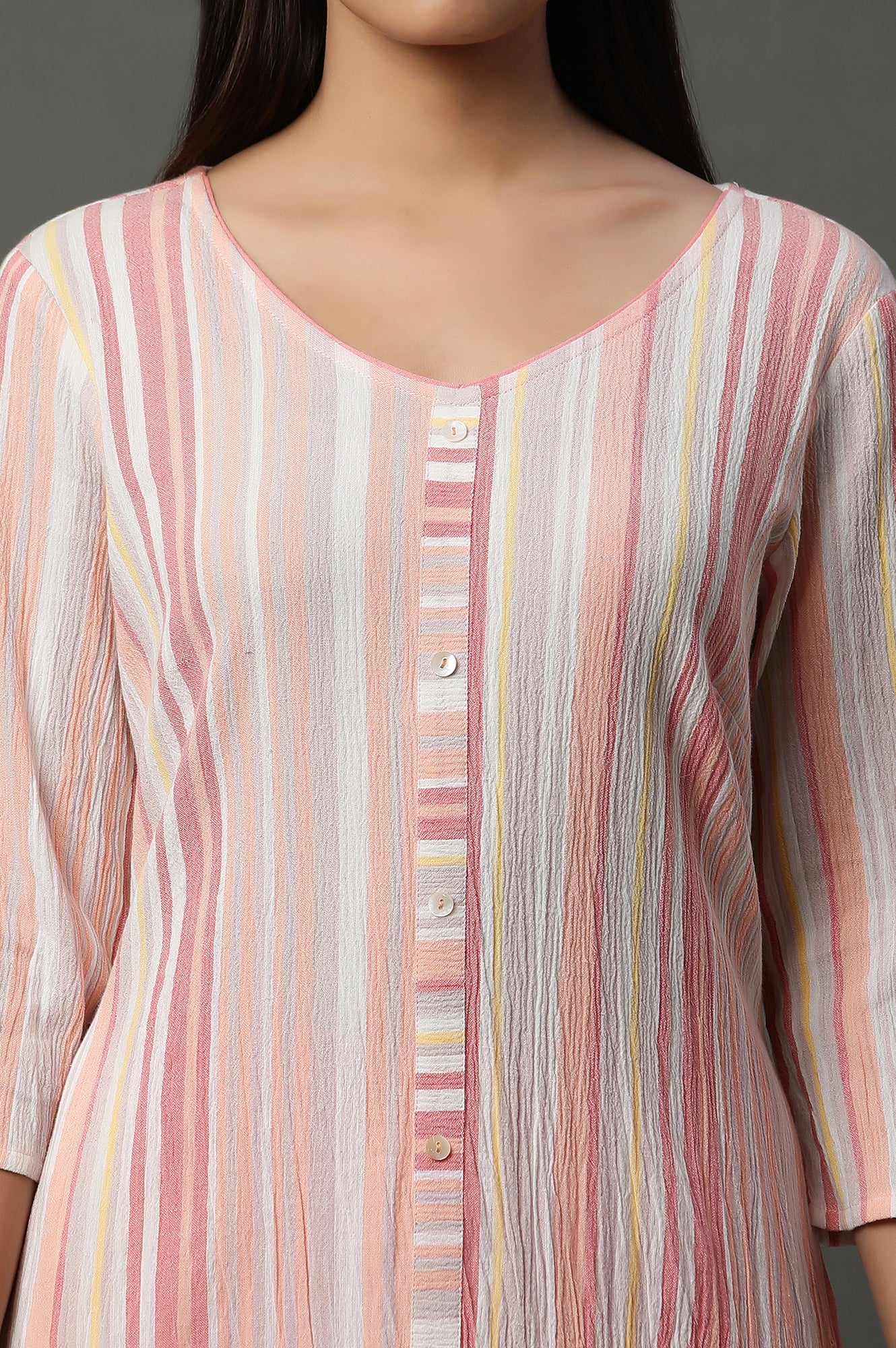 Pink Asymetrical Stripe Printed Cotton Kurta - Image 7