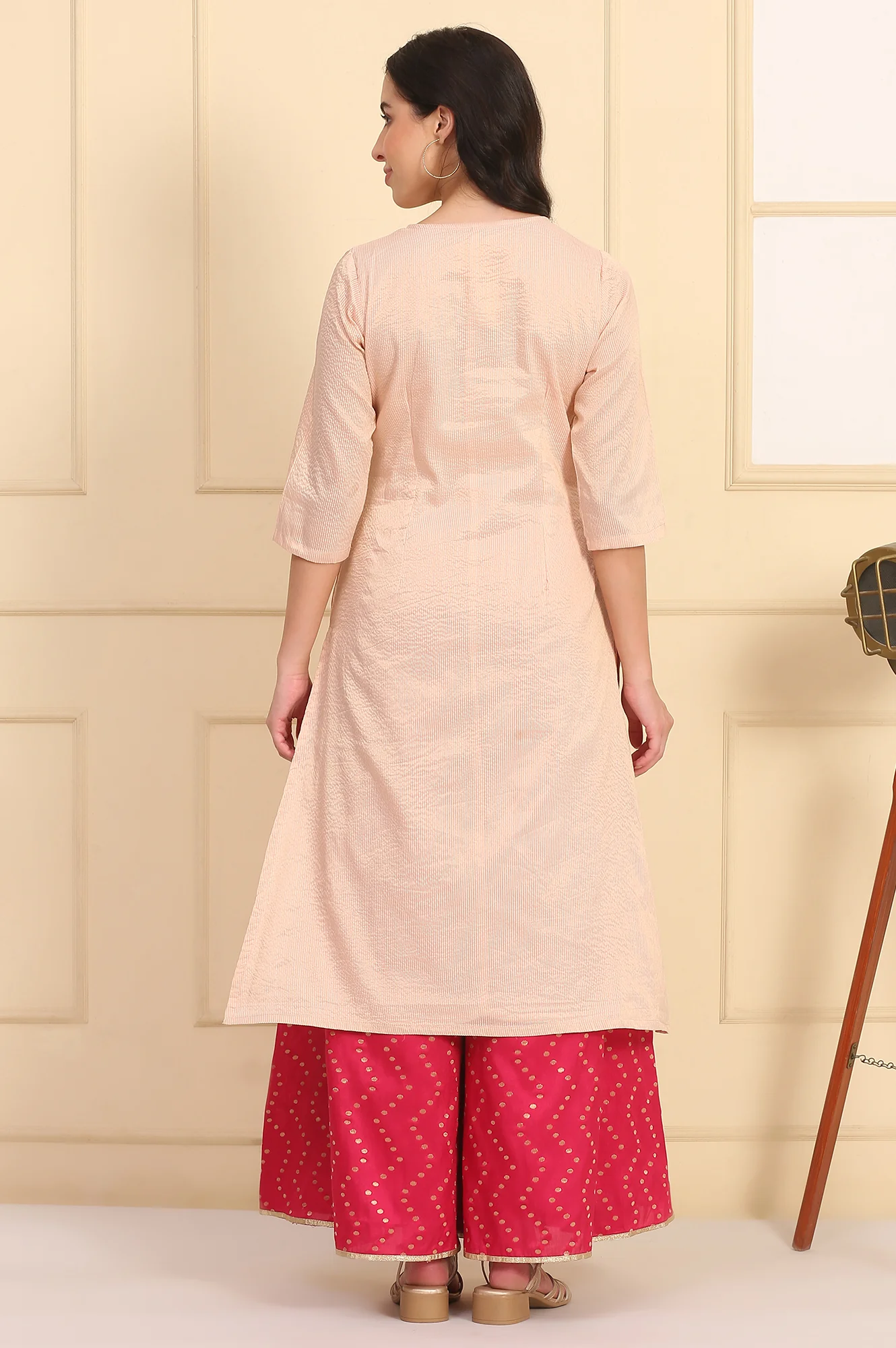 Pink Bead Embellished Chanderi Lurex Straight Kurta - Image 6