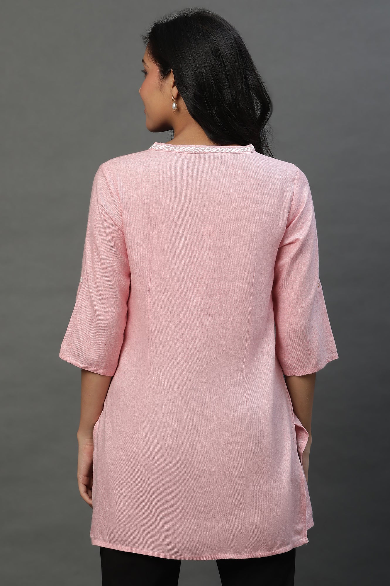 Pink Causal Kurti with Embroidery on Neck - Image 3