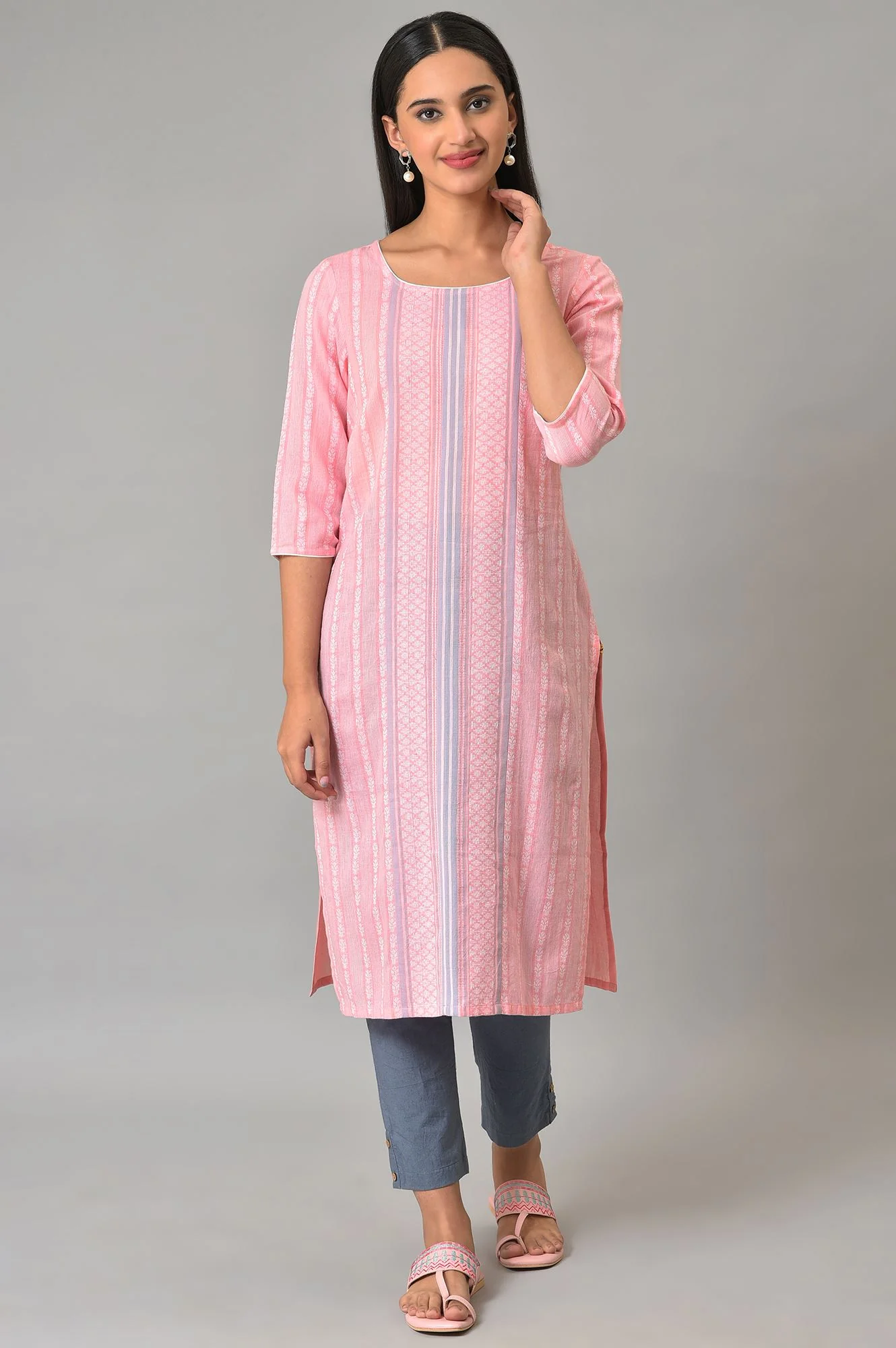 Pink Cotton Dobby Printed Kurta - Image 6