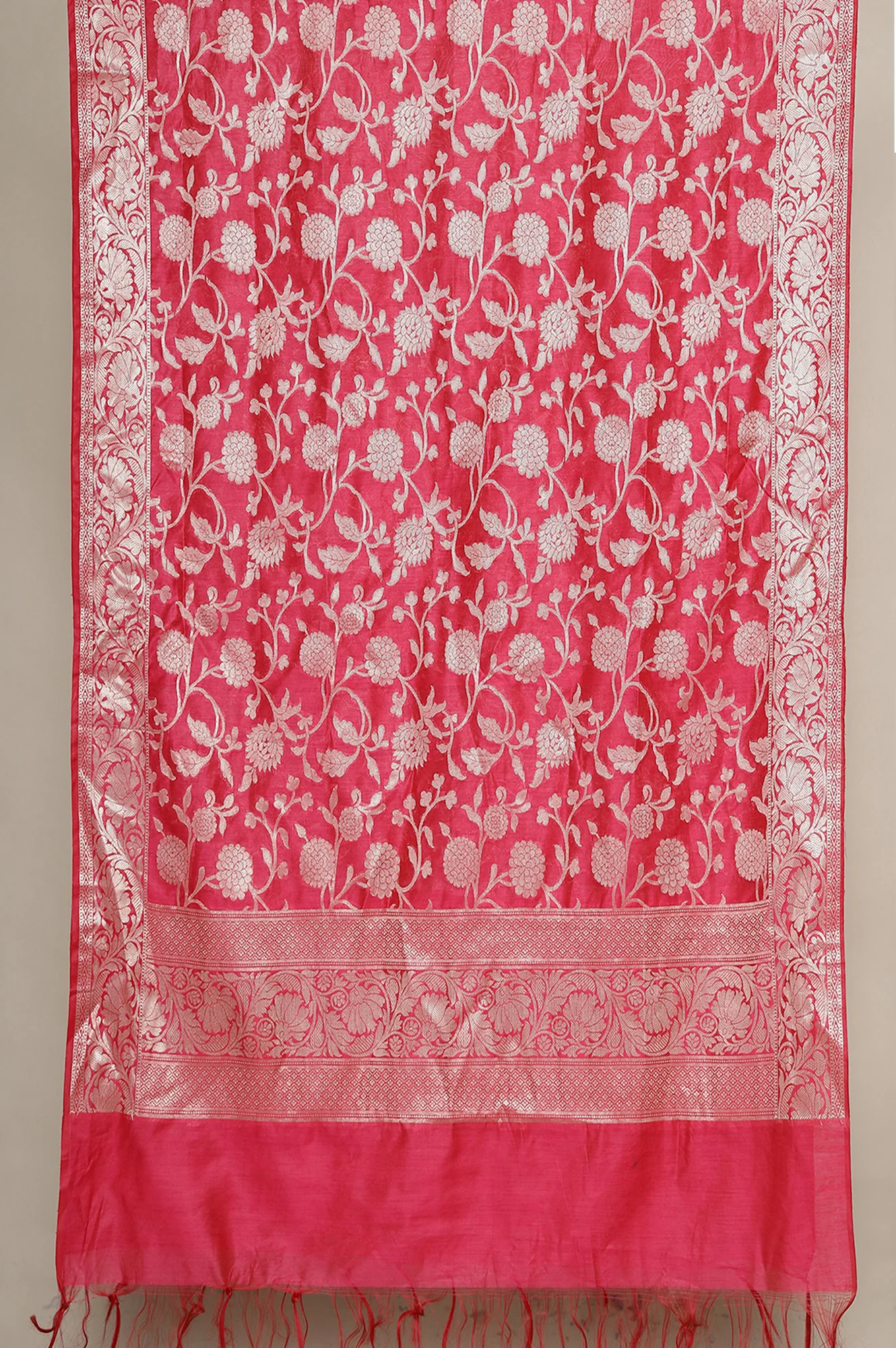 Pink Dori Embroidered Anarkali Kurta and Palazzo Set with Banarsi Jaquard Dupatta - Image 10