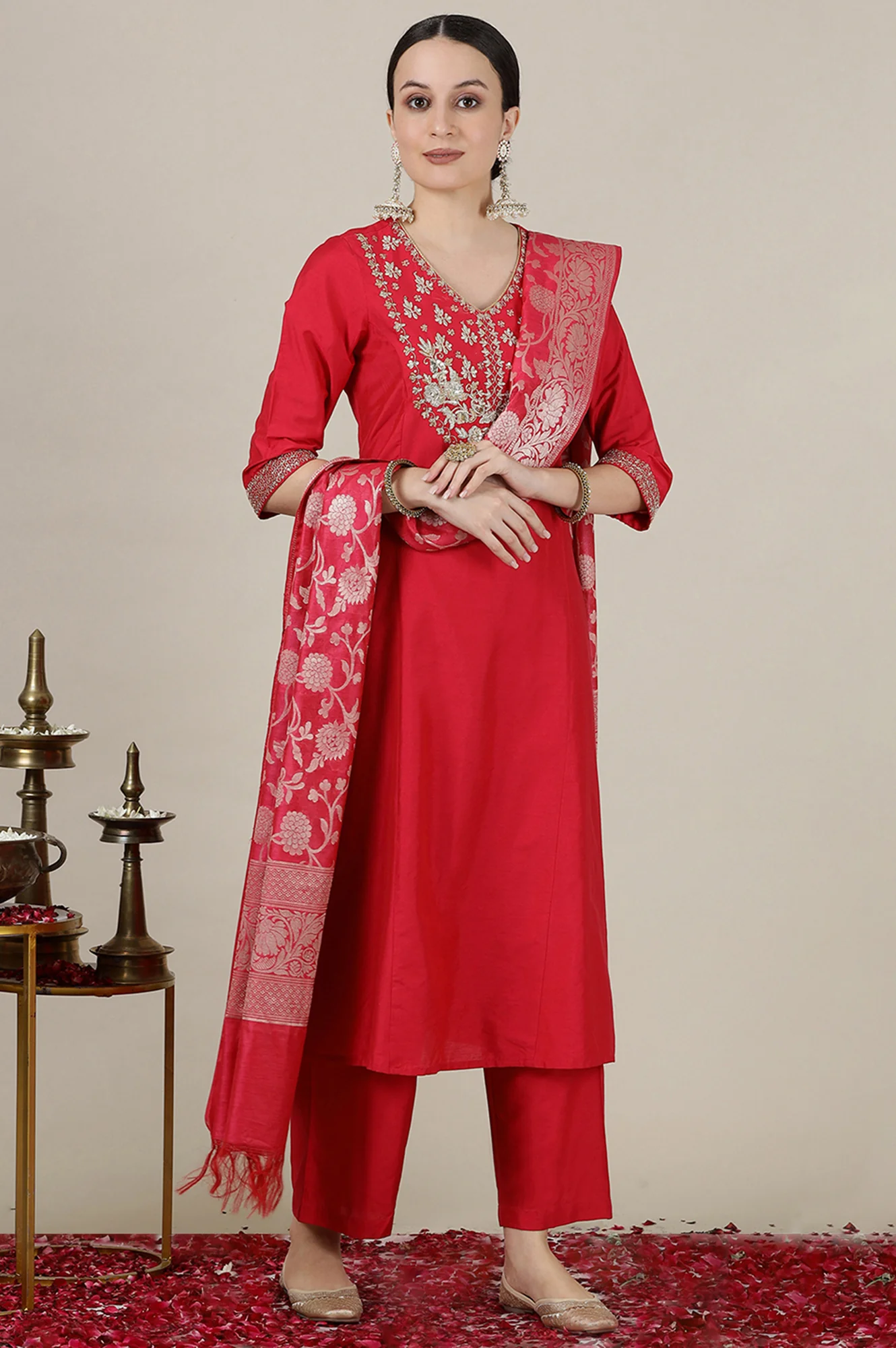 Pink Dori Embroidered Anarkali Kurta and Palazzo Set with Banarsi Jaquard Dupatta - Image 3