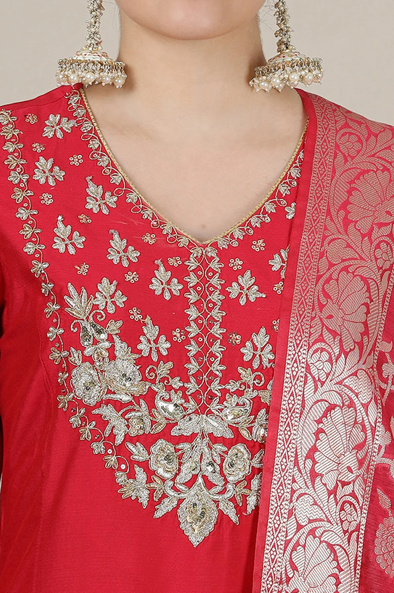 Pink Dori Embroidered Anarkali Kurta and Palazzo Set with Banarsi Jaquard Dupatta - Image 4