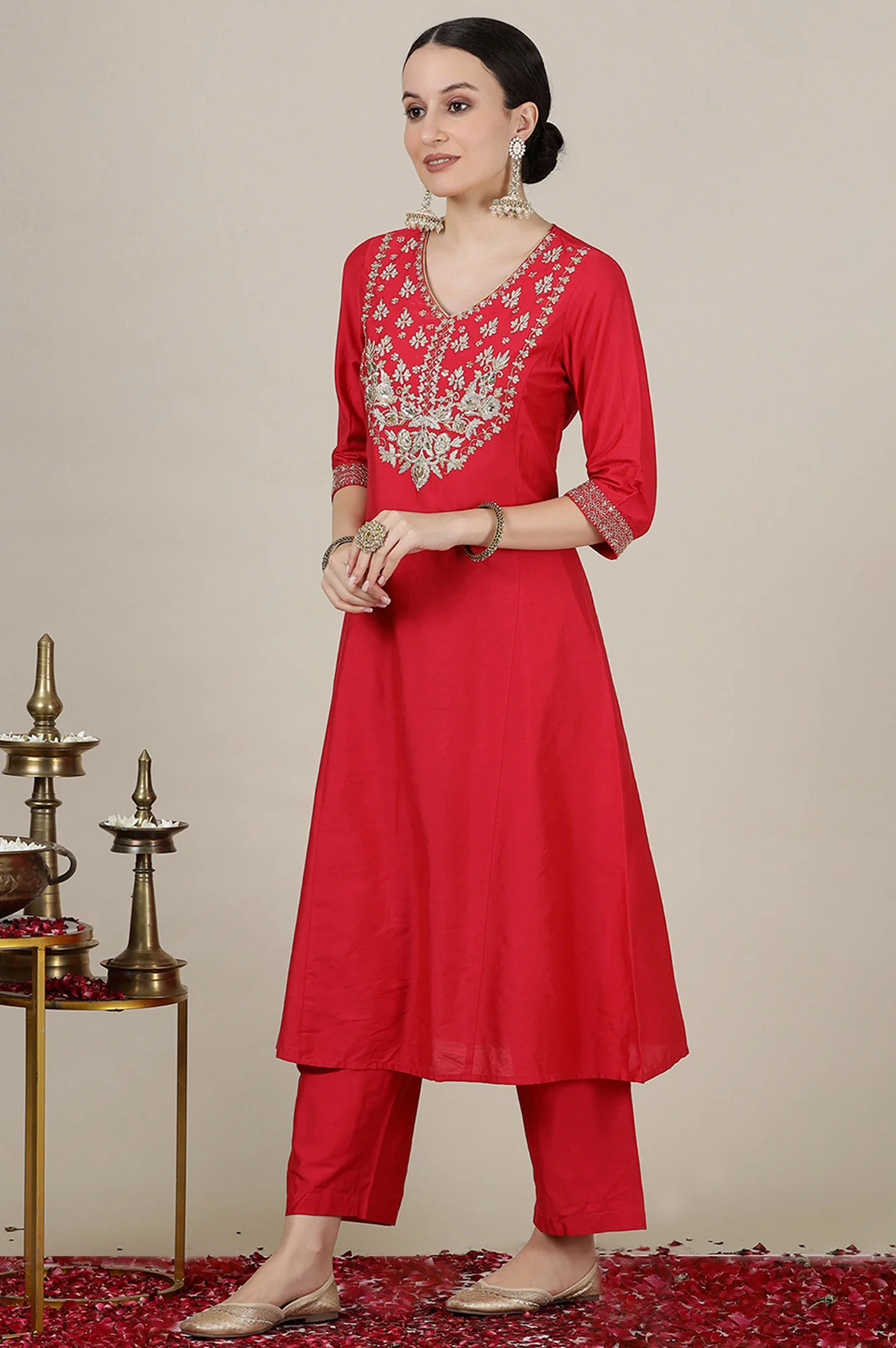 Pink Dori Embroidered Anarkali Kurta and Palazzo Set with Banarsi Jaquard Dupatta - Image 5