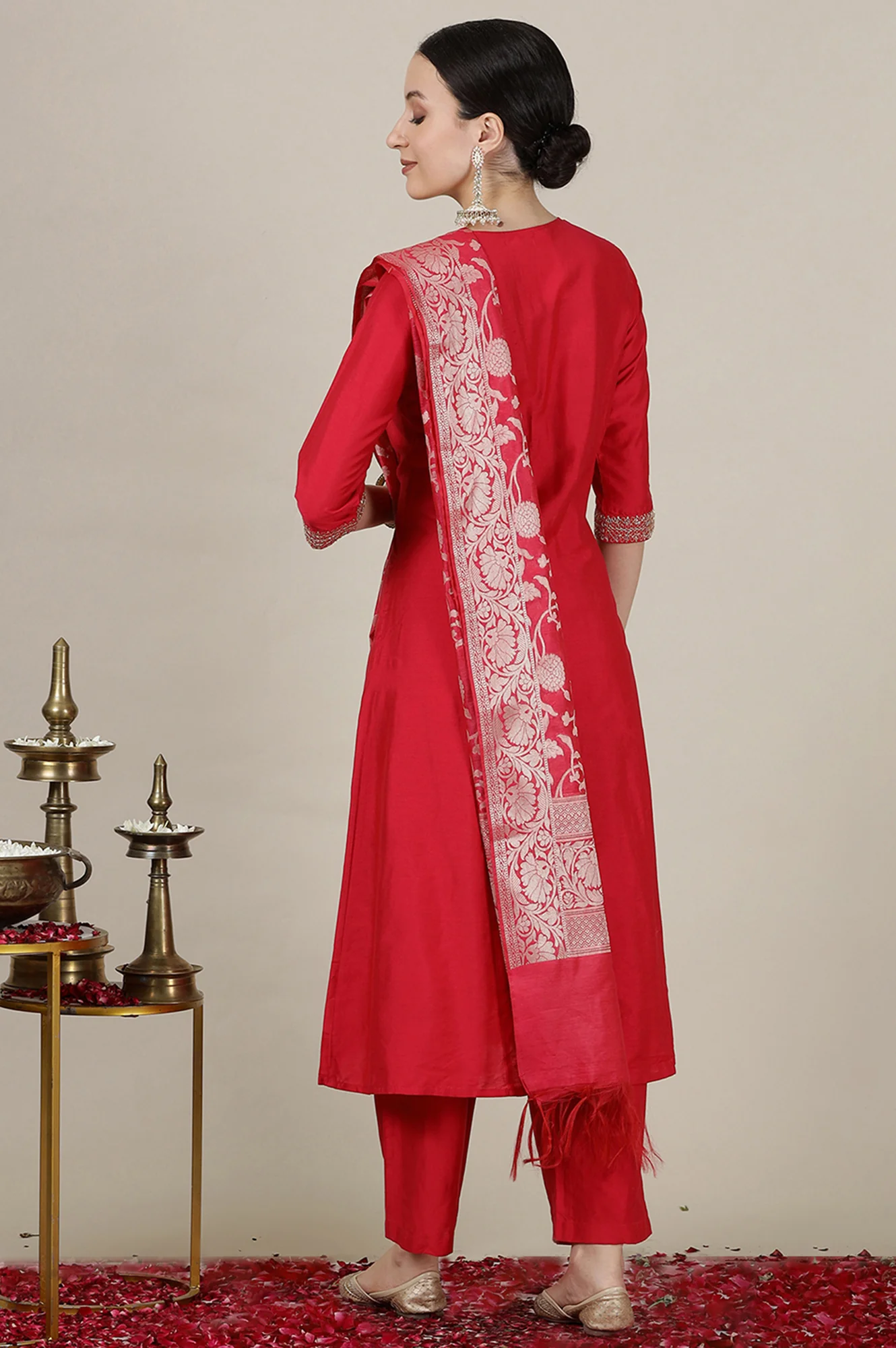 Pink Dori Embroidered Anarkali Kurta and Palazzo Set with Banarsi Jaquard Dupatta - Image 6