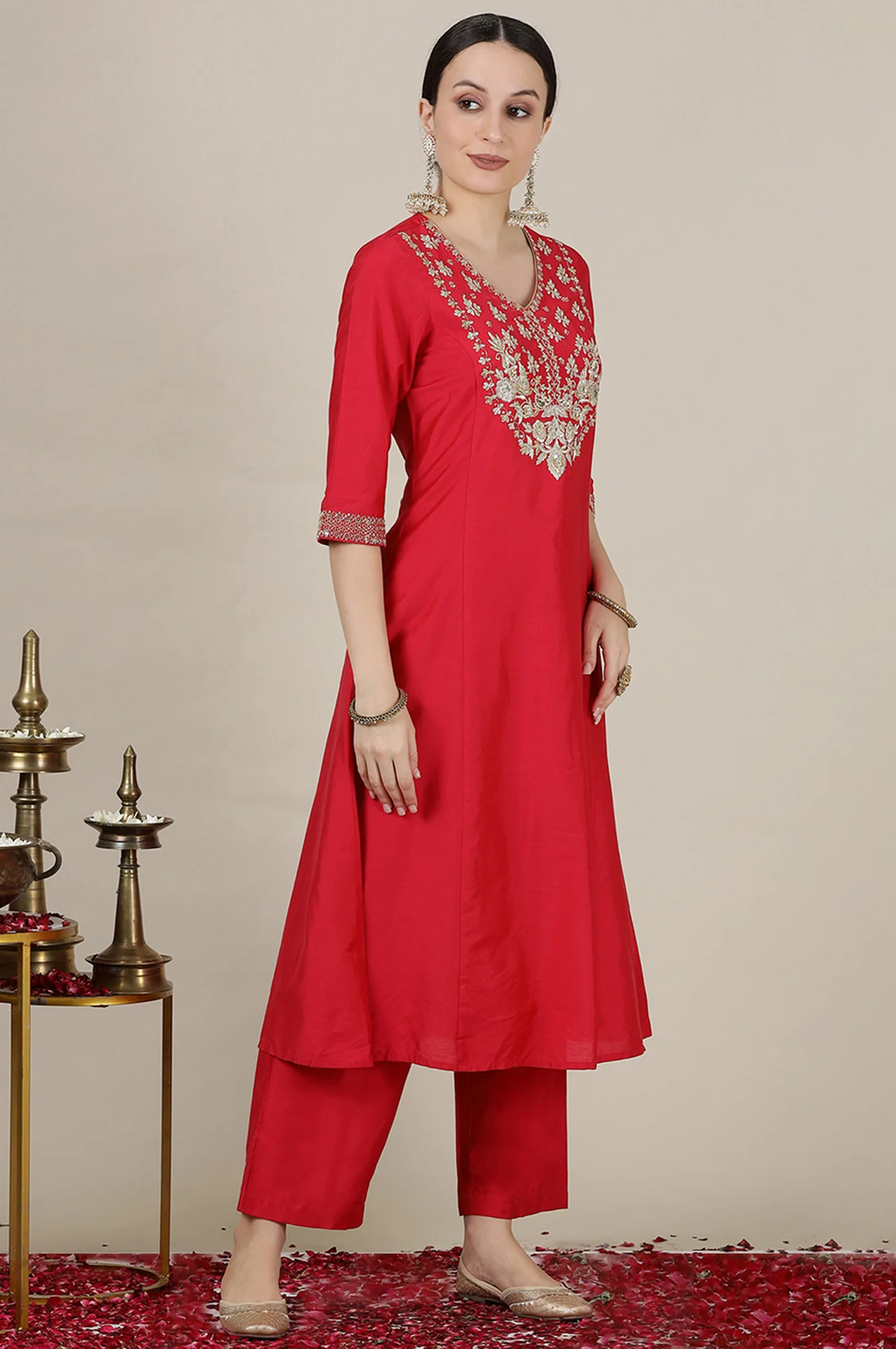 Pink Dori Embroidered Anarkali Kurta and Palazzo Set with Banarsi Jaquard Dupatta - Image 7