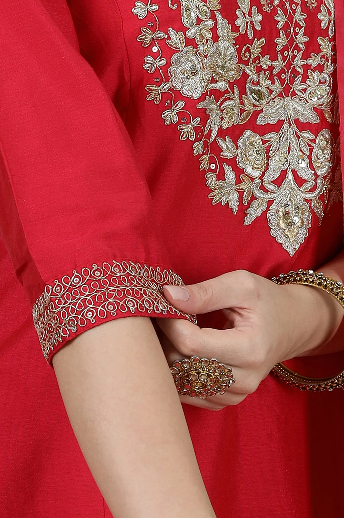 Pink Dori Embroidered Anarkali Kurta and Palazzo Set with Banarsi Jaquard Dupatta - Image 8