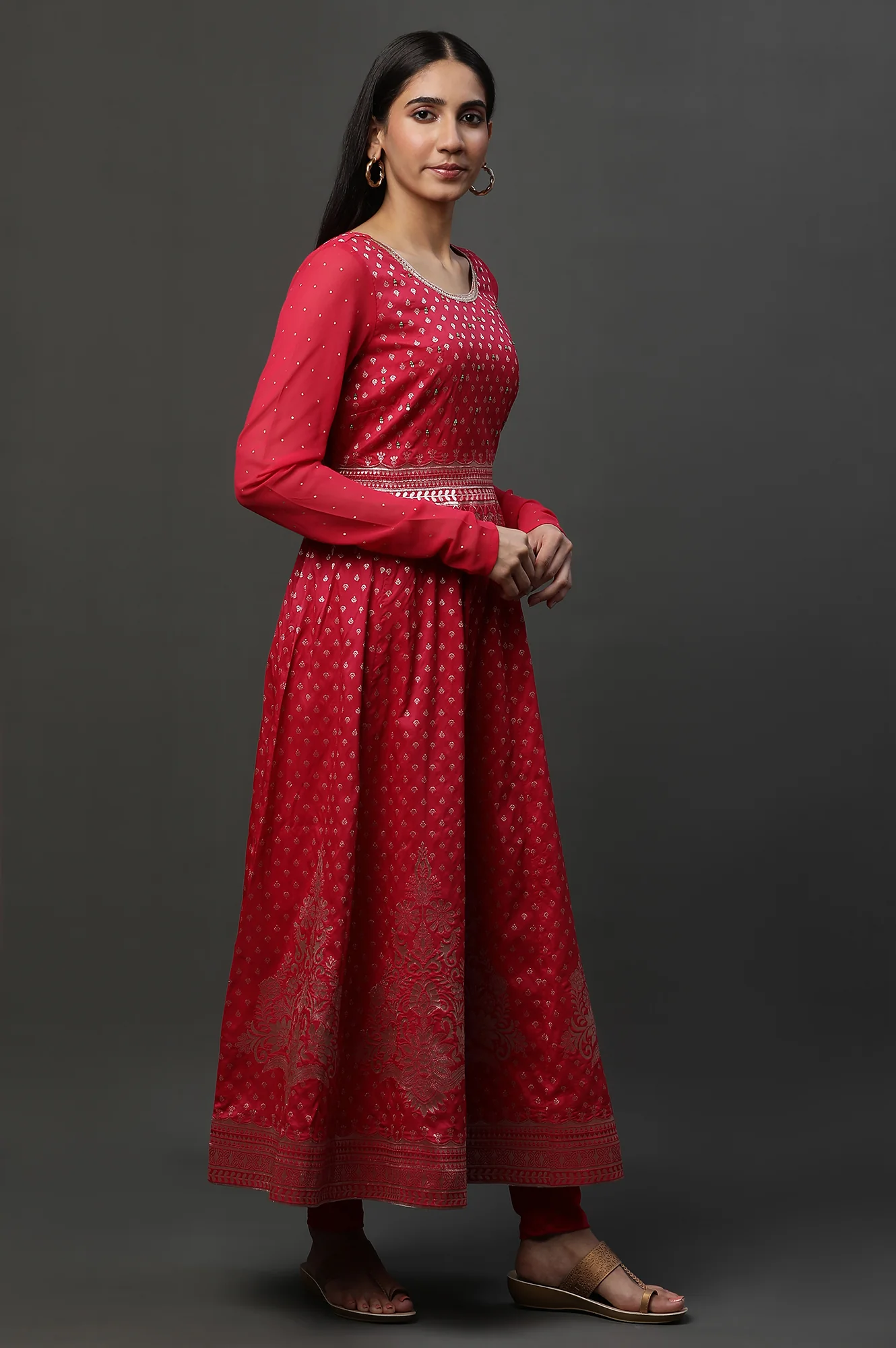 Pink Embellished Anarkali Festive Kurta, Tights and Dupatta Set - Image 3