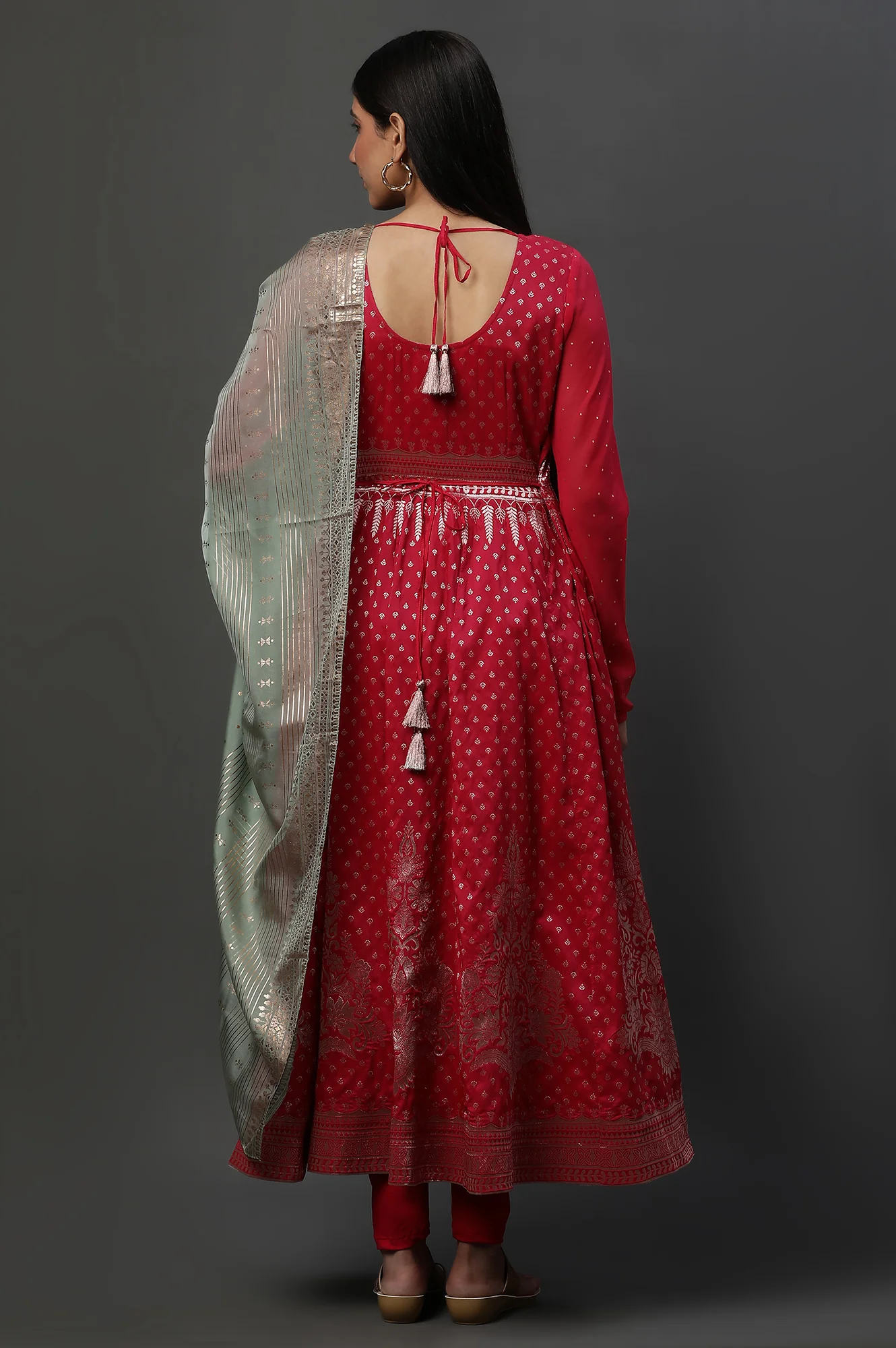 Pink Embellished Anarkali Festive Kurta, Tights and Dupatta Set - Image 4