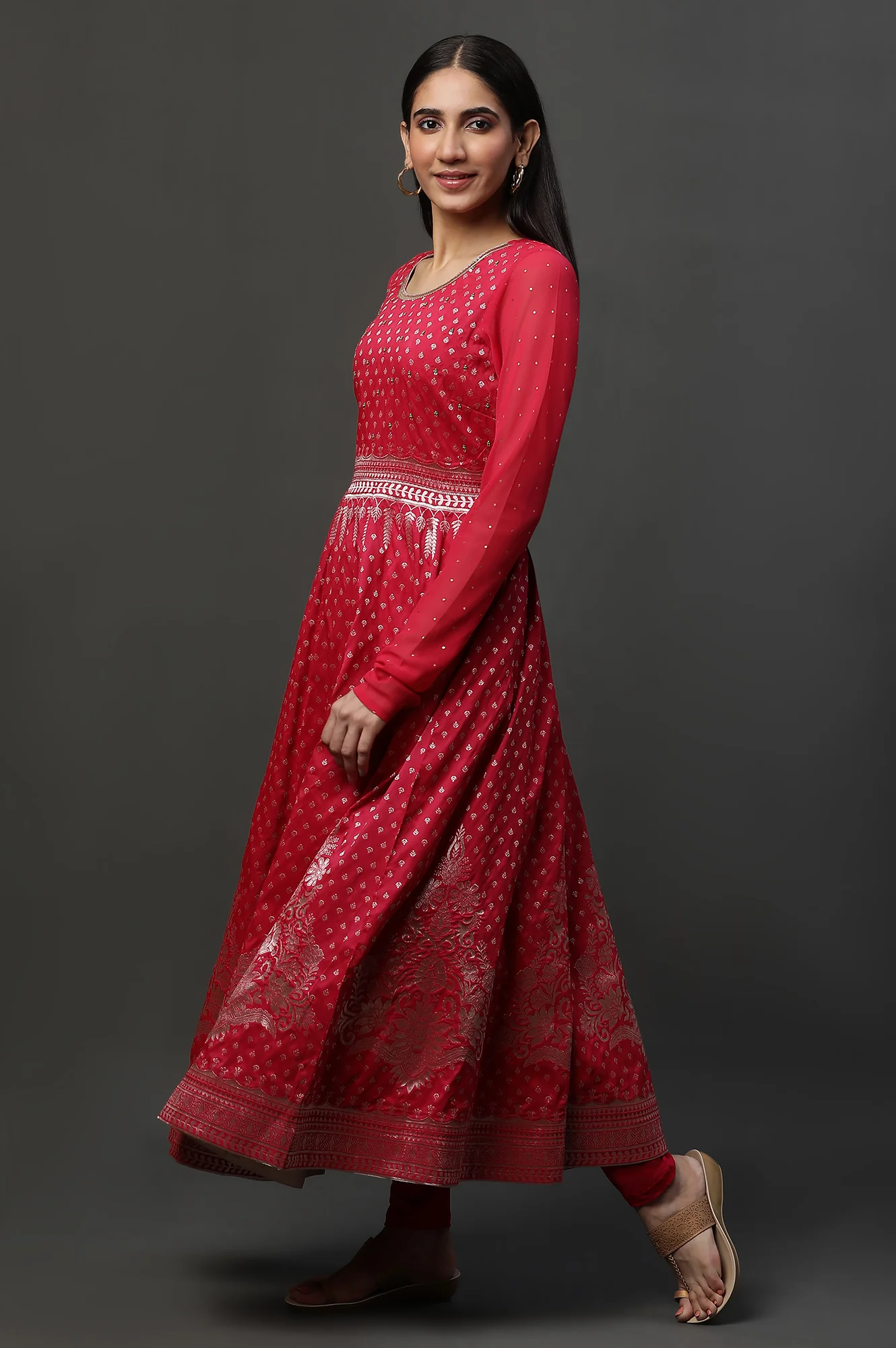 Pink Embellished Anarkali Festive Kurta, Tights and Dupatta Set - Image 5
