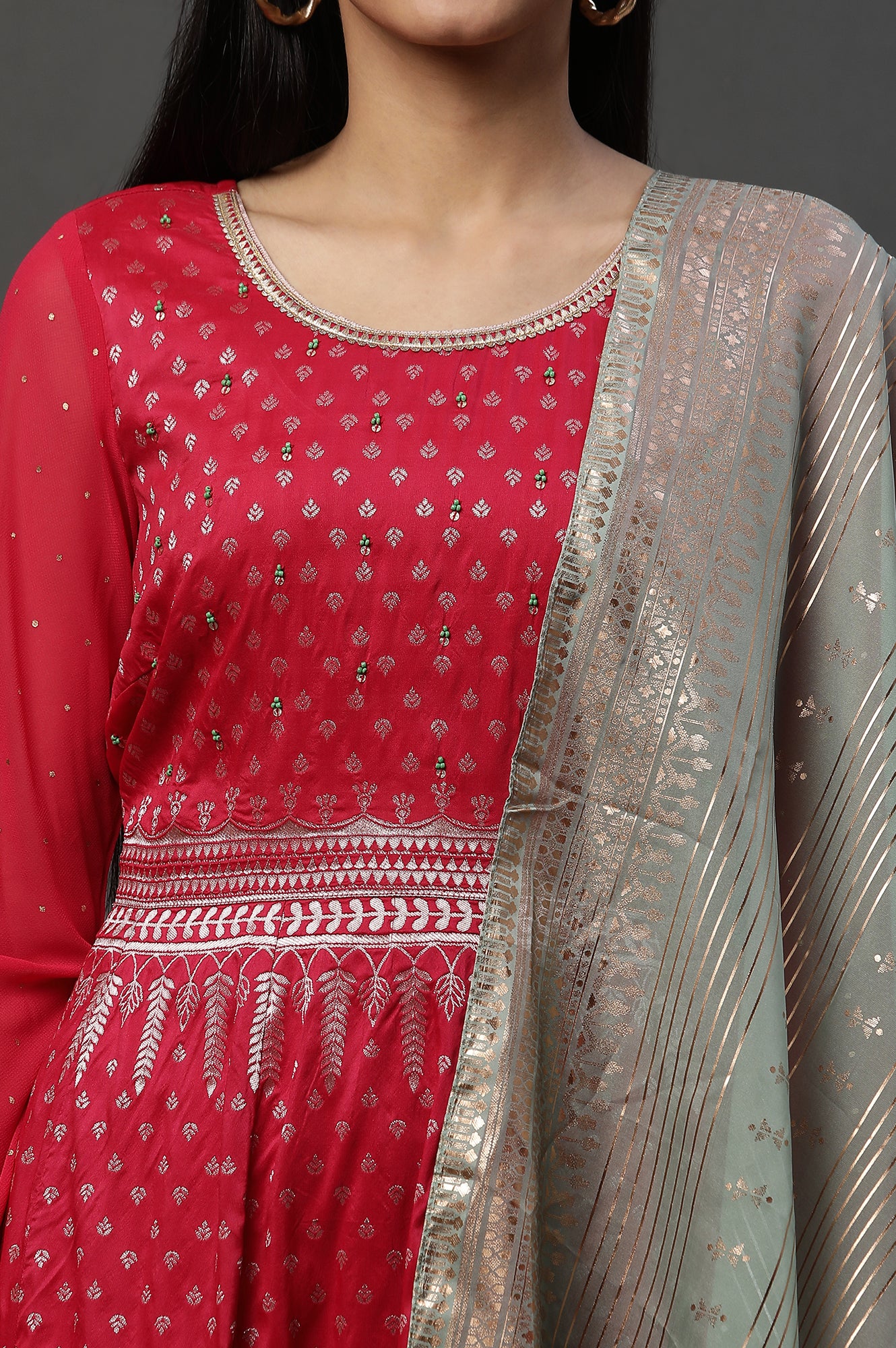 Pink Embellished Anarkali Festive Kurta, Tights and Dupatta Set - Image 6