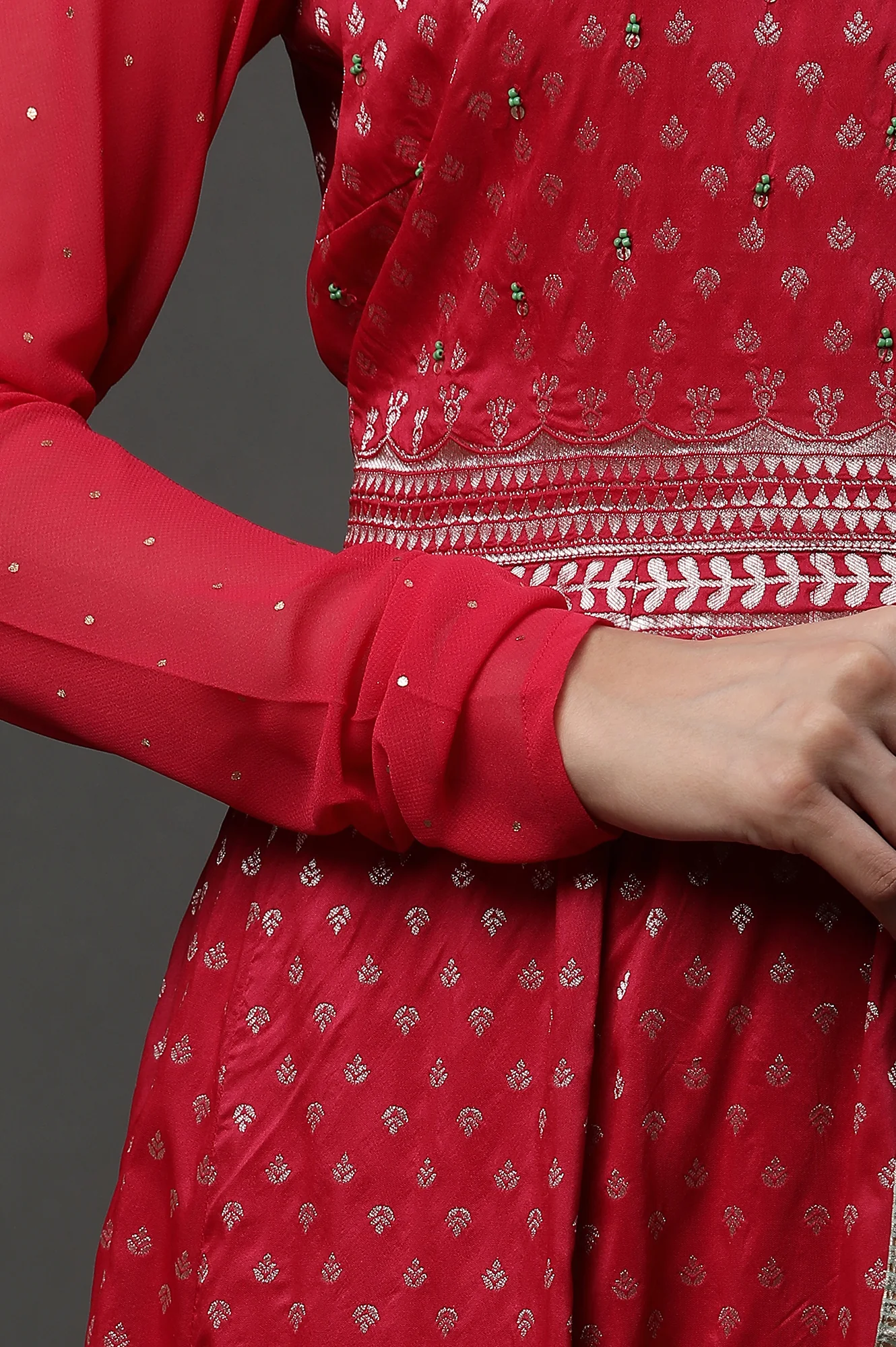 Pink Embellished Anarkali Festive Kurta, Tights and Dupatta Set - Image 7