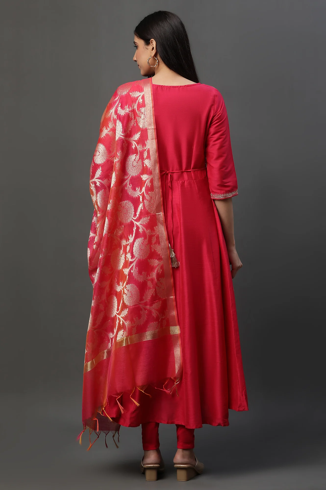 Pink Embroidered Anarkali Festive Kurta, Tights and Dupatta Set - Image 4
