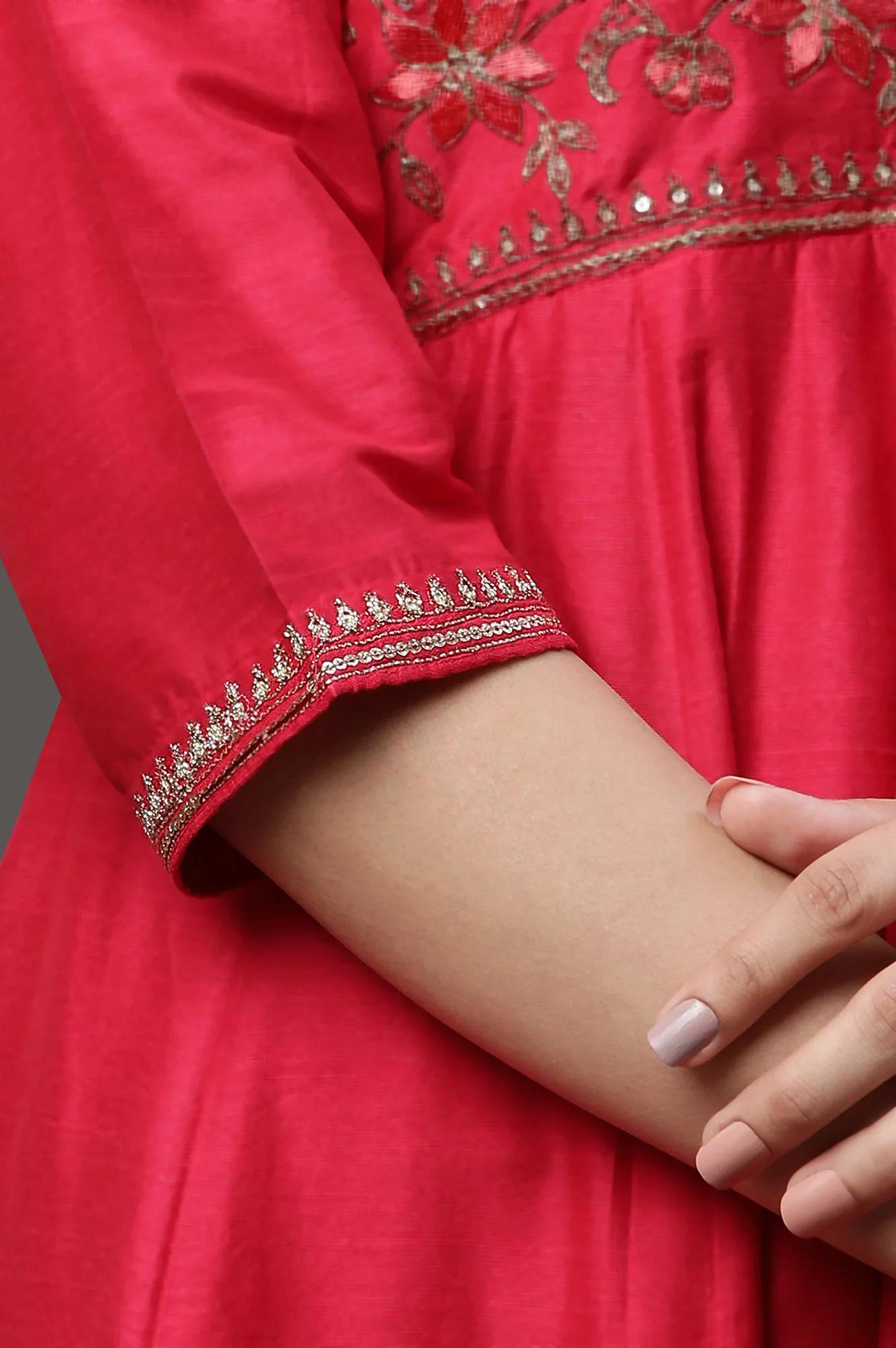 Pink Embroidered Anarkali Festive Kurta, Tights and Dupatta Set - Image 7