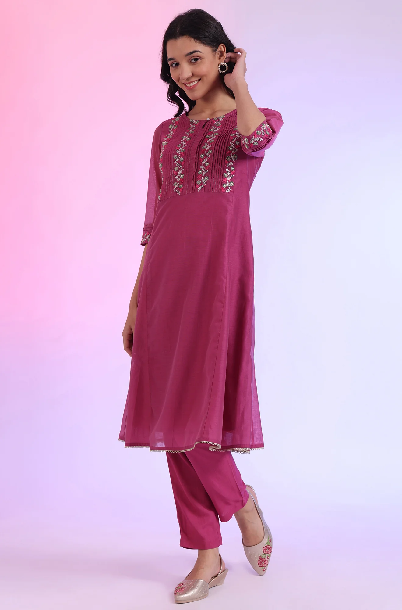 Pink Embroidered Cotton Blend Flared Kurta, Pants and Dupatta Set - Image 4