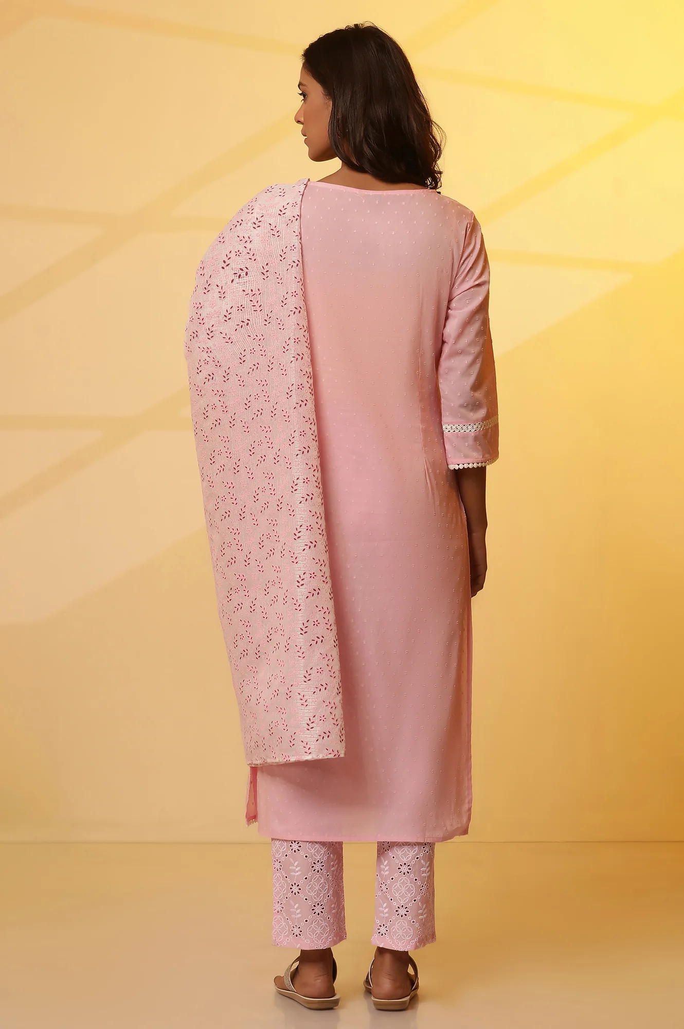 Pink Embroidered Cotton Kurta, Schiffli Pants and Dupatta Set - Image 4