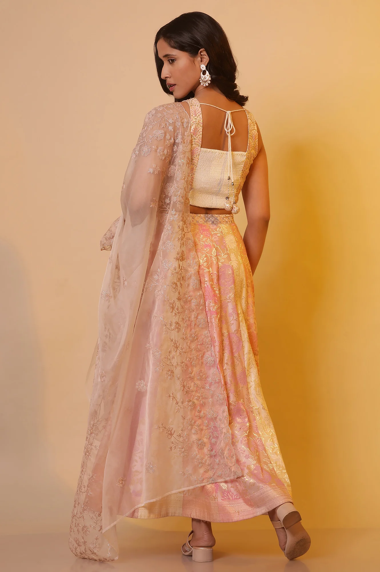 Pink Embroidered Crop Top, Skirt and Dupatta Set - Image 4