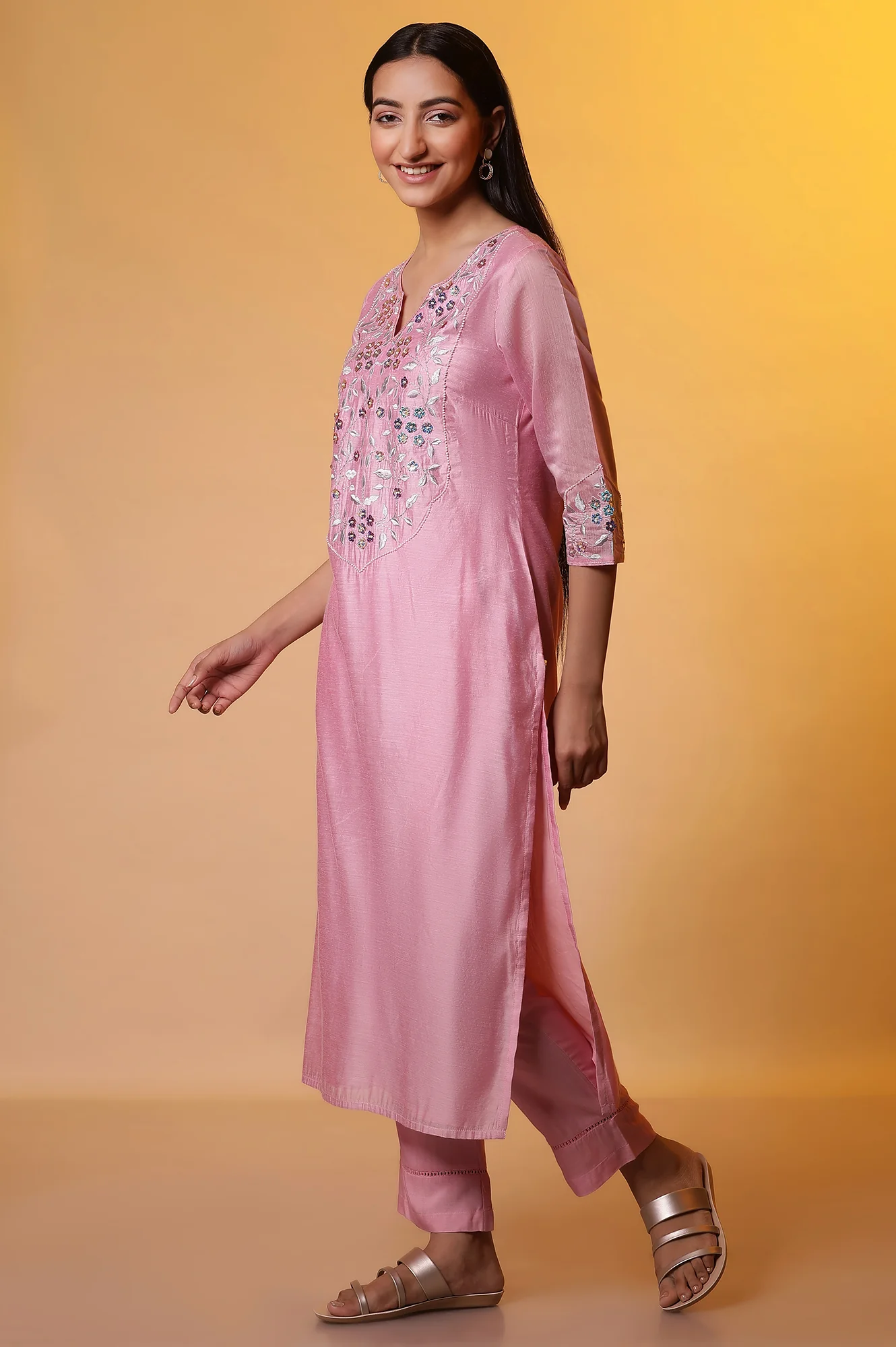 Pink Embroidered Festive kurta, Trousers and Dupatta Set - Image 3