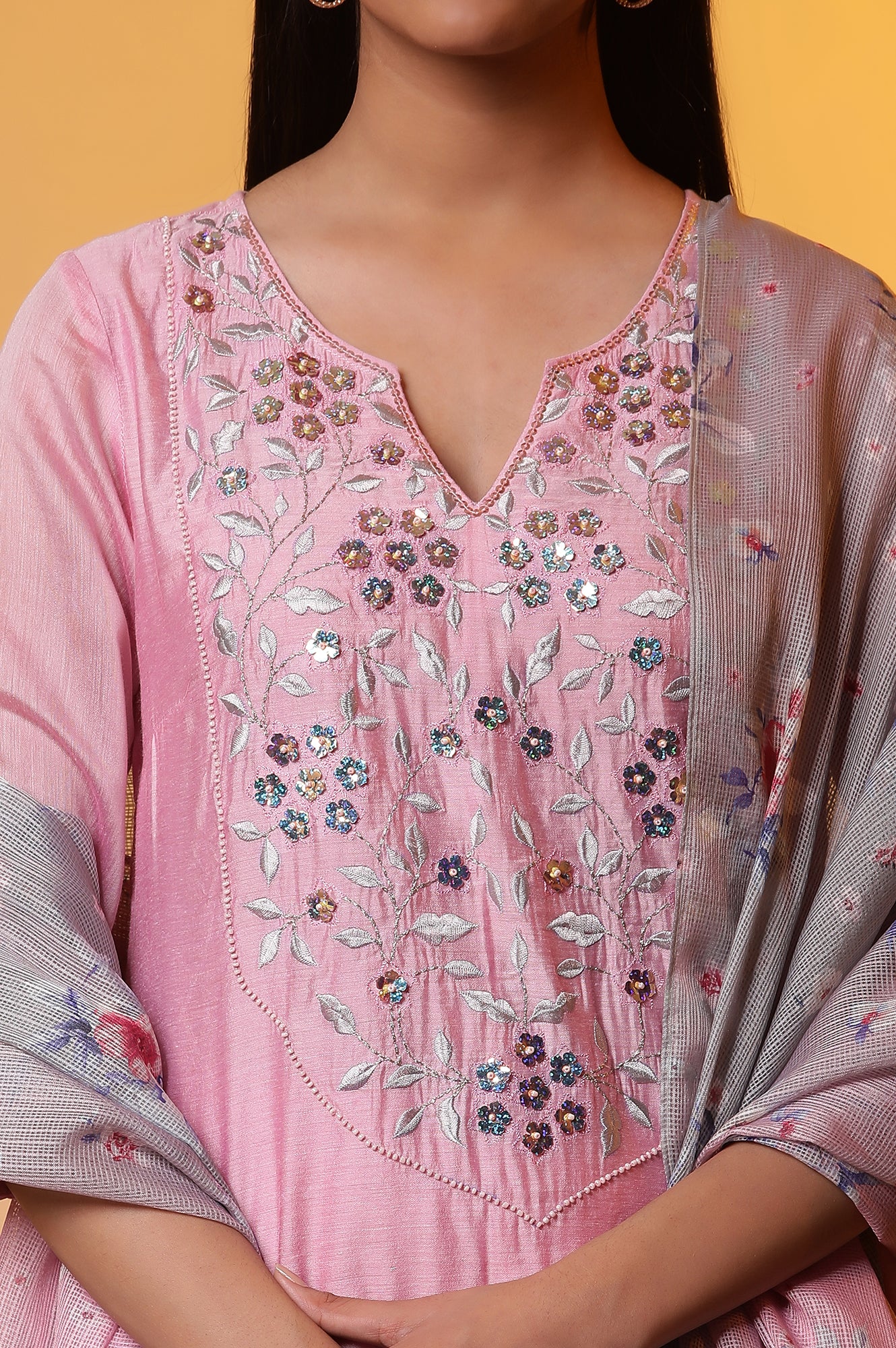 Pink Embroidered Festive kurta, Trousers and Dupatta Set - Image 6