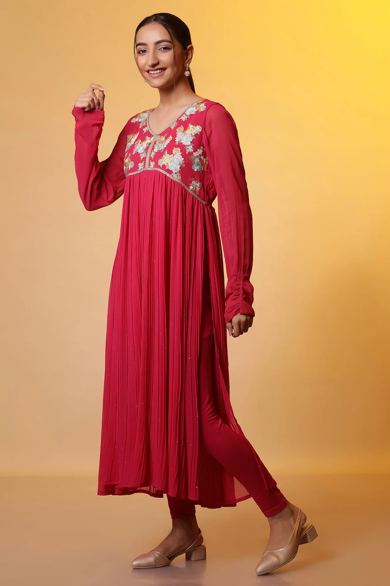 Pink Embroidered High-Slits Kurta, Tights and Dupatta Set - Image 3