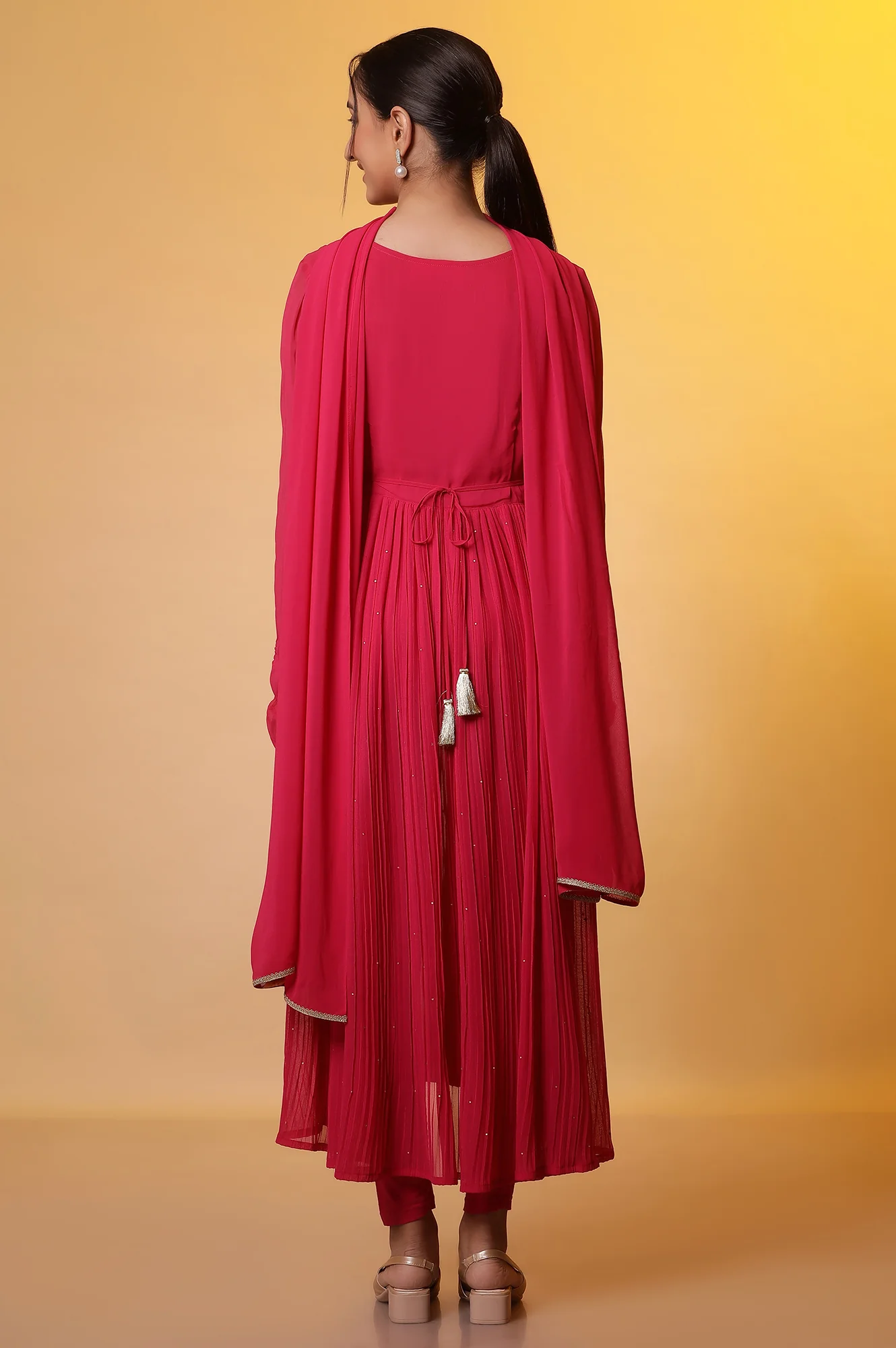 Pink Embroidered High-Slits Kurta, Tights and Dupatta Set - Image 4