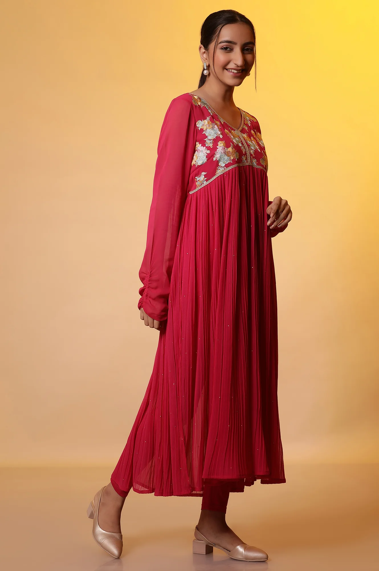 Pink Embroidered High-Slits Kurta, Tights and Dupatta Set - Image 5