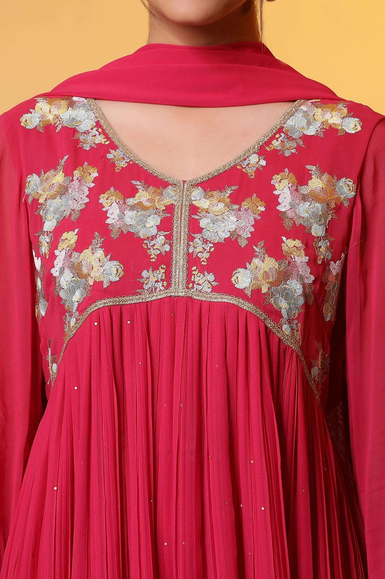Pink Embroidered High-Slits Kurta, Tights and Dupatta Set - Image 6