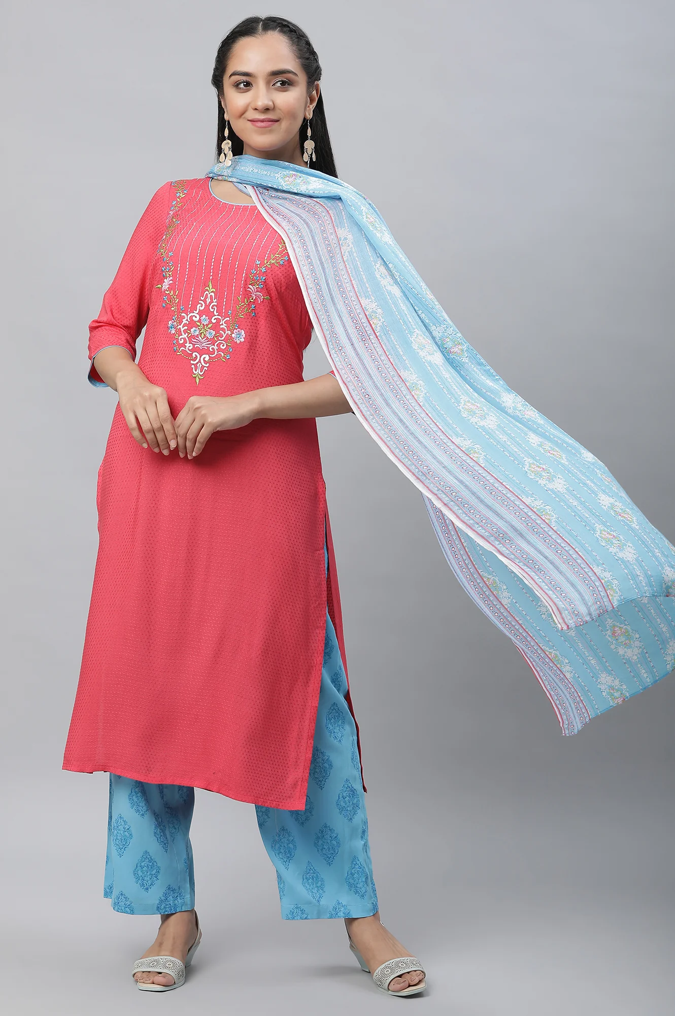 Pink Embroidered Kurta, Narrow Palazzo and Dupatta Set - Image 3