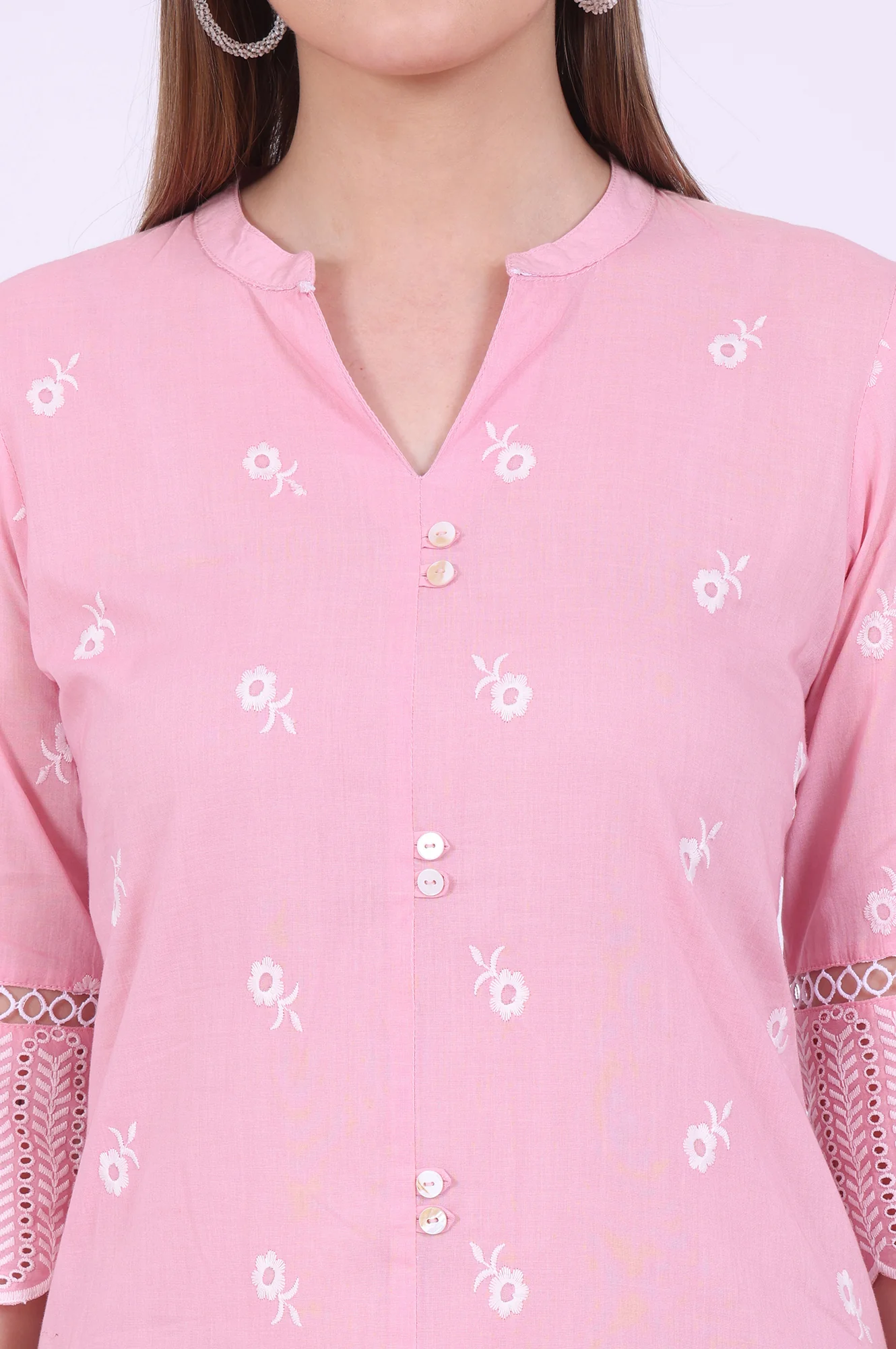 Pink Embroidered Straight Pure Cotton Kurta - Image 4