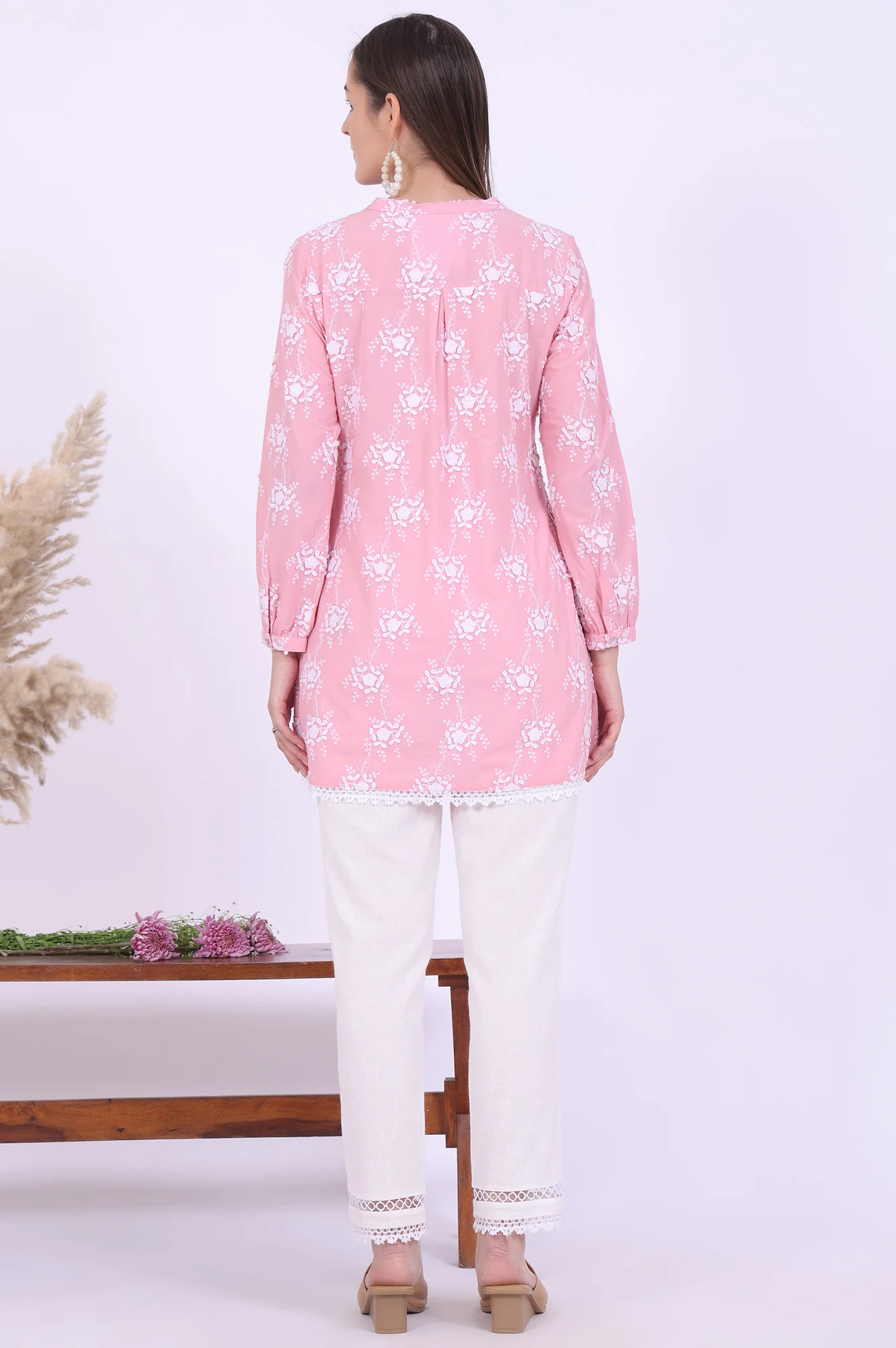 Pink Embroidered Pure Cotton Kurti & Trousers Set - Image 5