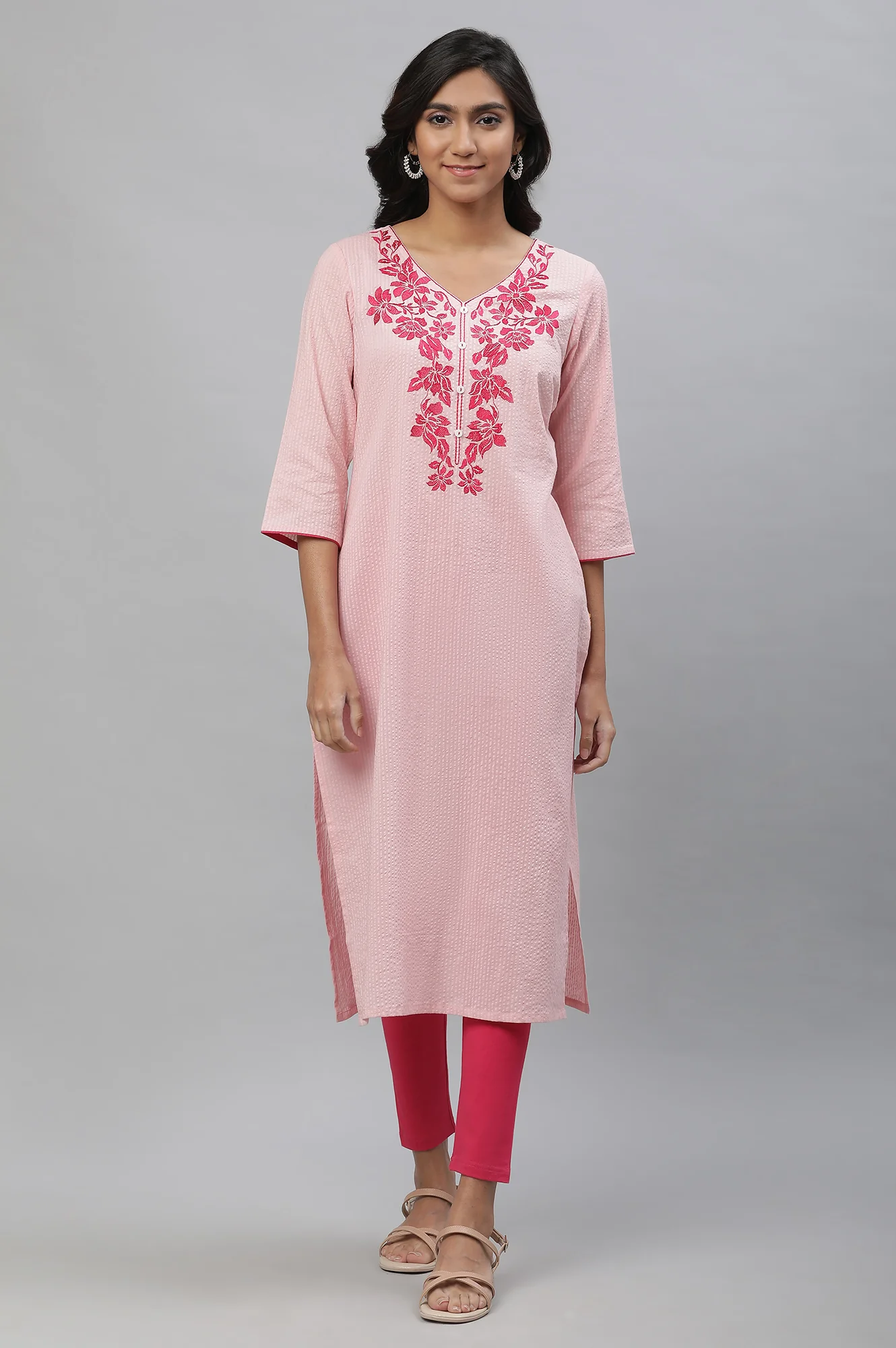 Pink Embroidered Textured Cotton Kurta - Image 2