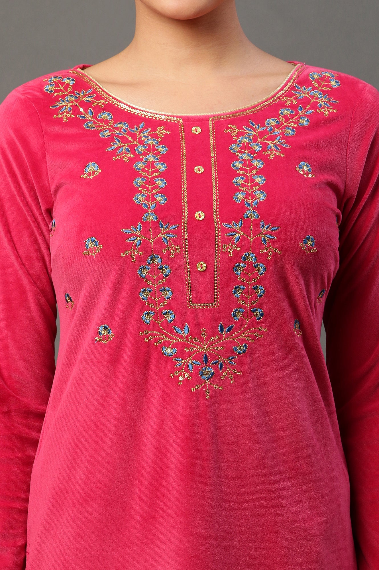 Pink Embroidered Velvet Winter Kurta and Pants Set - Image 6